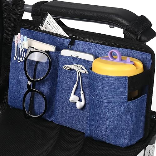 Vista 9 de CTWWFS Bolsa lateral para silla de ruedas mejorada con soporte para tazas, accesorios para reposabrazos para silla de ruedas, andador, perfectamente