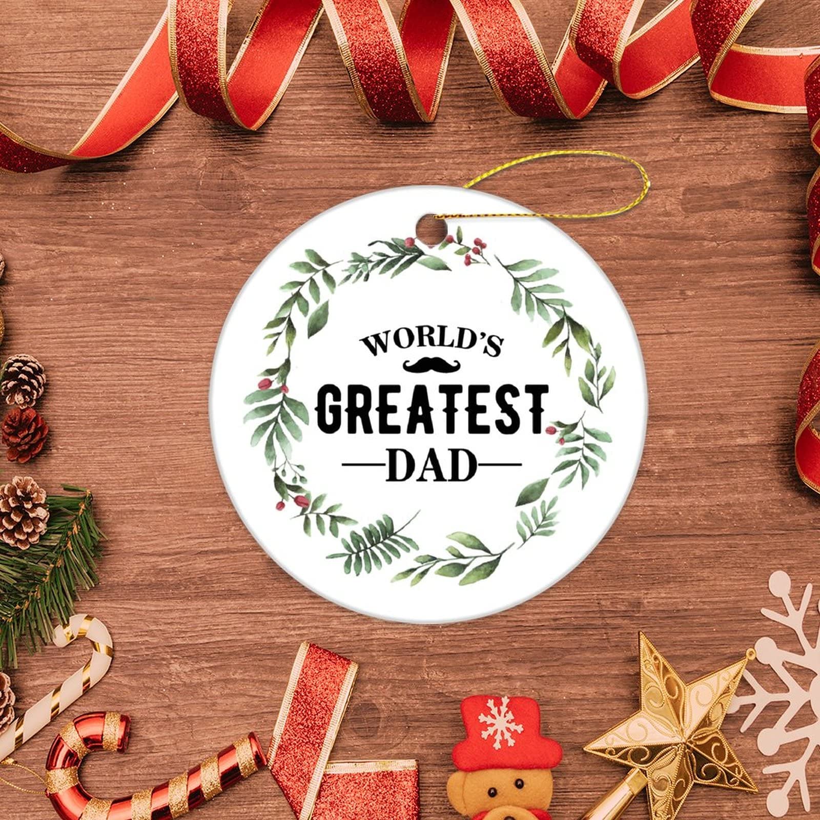 Worlds Greatest Dad Christmas Ornament Hanging Ceramic Keepsake for Christmas Tree Round Souvenir for Parents Friends 3 Inch