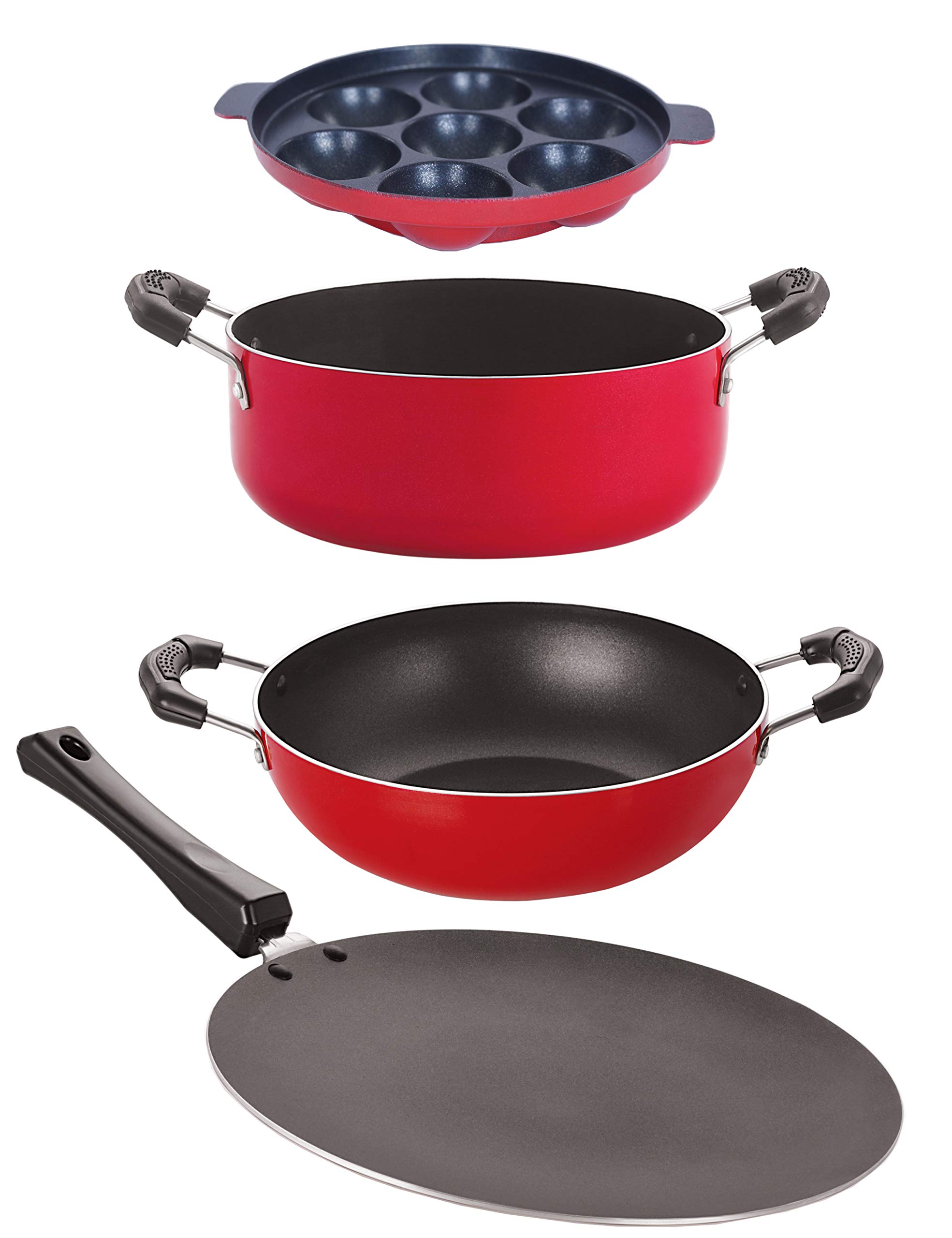 Nirlon Nonstick Kitchenware Kitchen Cooking Utencil Gift4 Pieces Set (1 Concave Tawa 27.5cm /1 Kadhai 2.5 LTR/1 Appam 7 Cavity/1 Casserole 3.1 LTR) (CT11_KD14_AP7_CS24)