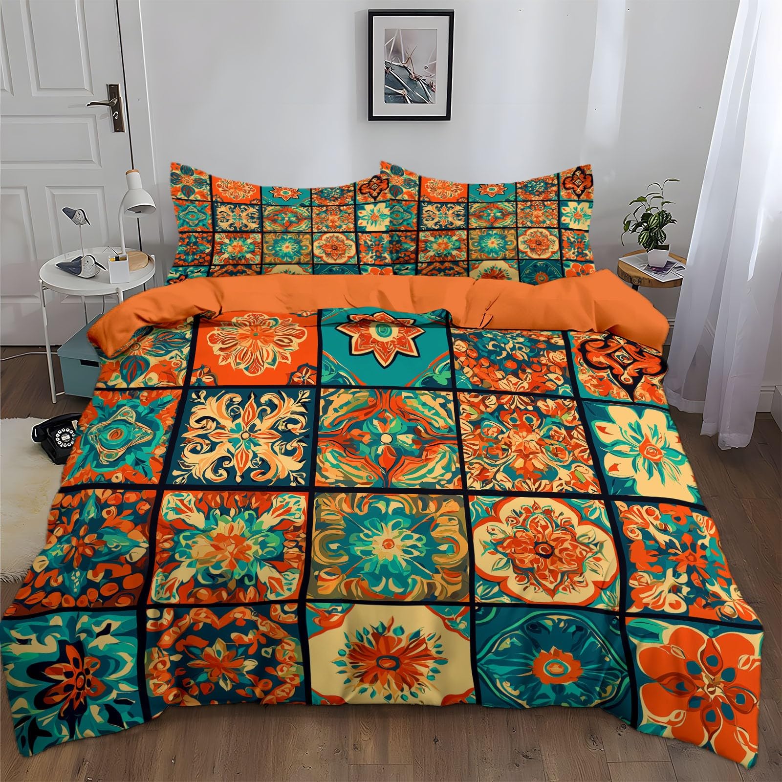 Duvet Cover Set Cot-bed Size, Boho Mandala Patchwork Soft Durable Bedding Set 120 x 150 cm Microfiber Orange Color Bedding with Zipper Closure and 1 Pillowcase 40 x 60 cm - Easy Care