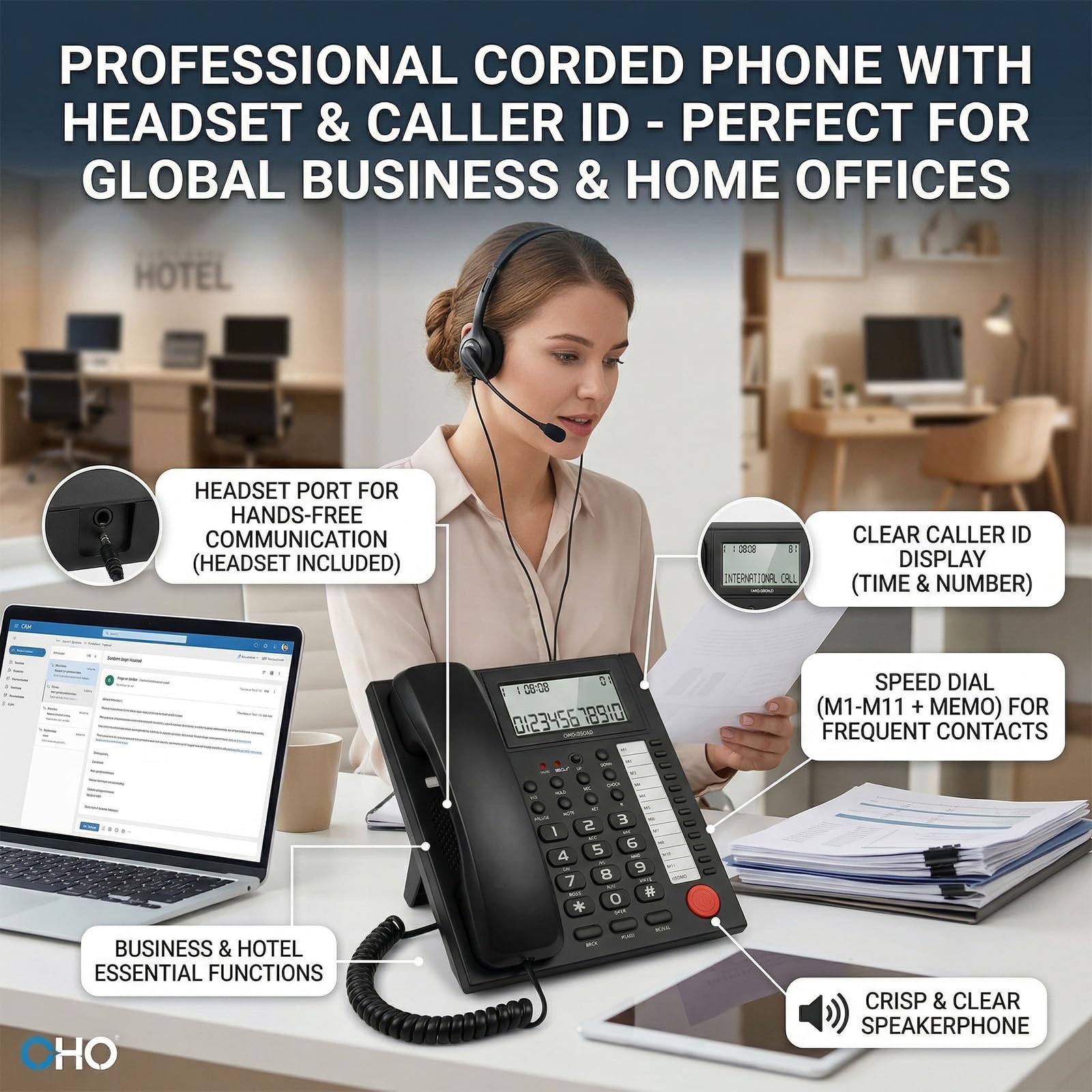 Telefono fisso fisso con filo per ufficio con schermo luminoso di identificazione del chiamante e cuffie vivavoce opzione telefono desktop con cuffie