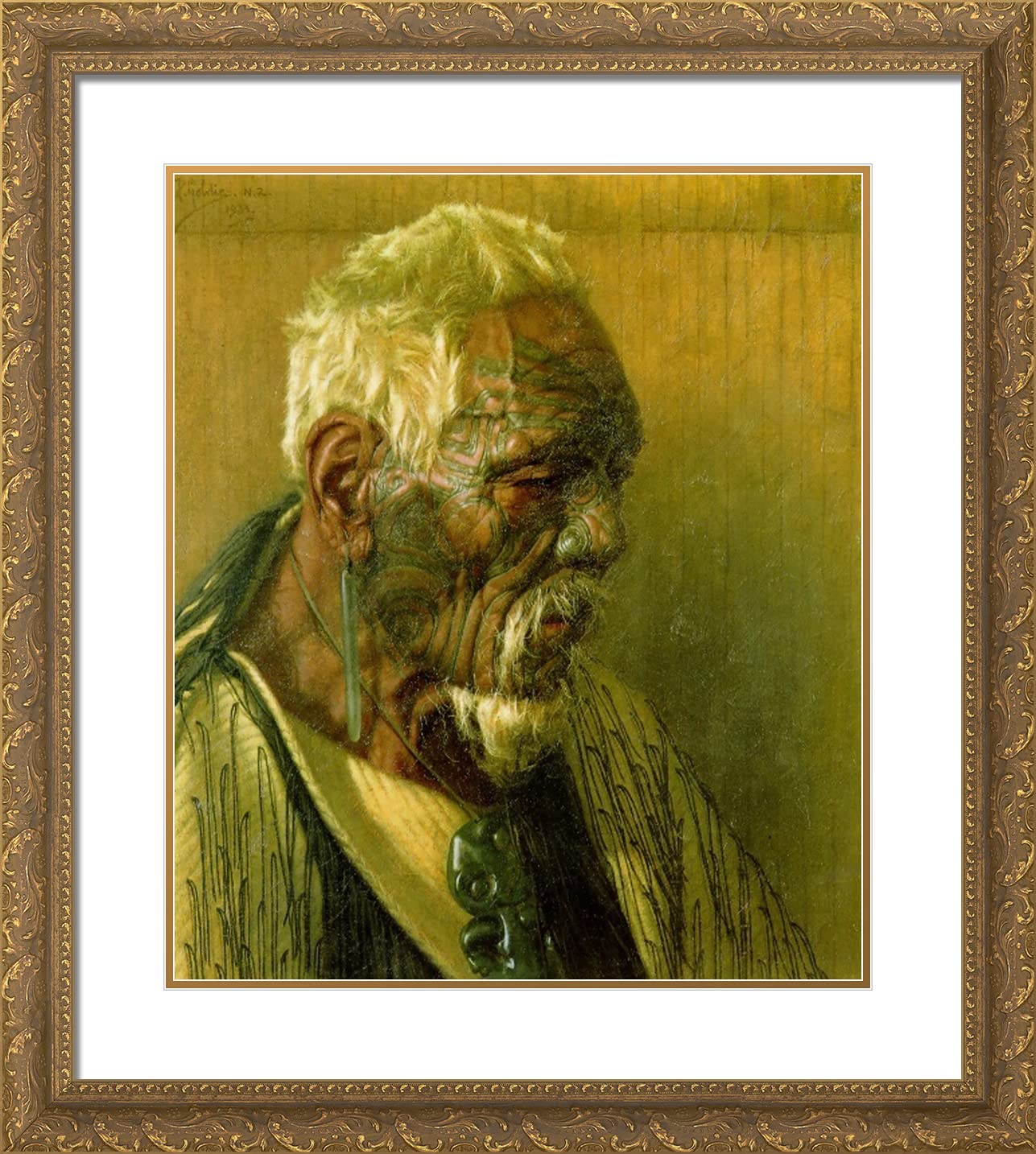 ArtDirect Goldie, Charles Frederick 20x22 Gold Ornate Framed Art Print with Double Matting Titled: Thoughts of a Tohunga Wharekauri Tahuna