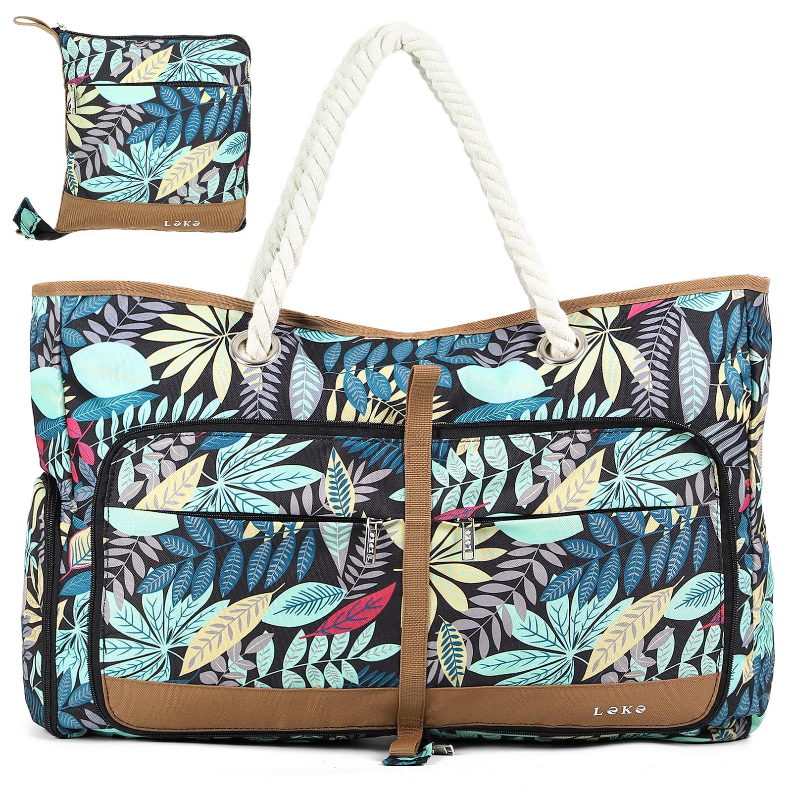 Lekespring Bolsa Playa Grande XXL Familiar con Cremallera Bolsa de Viaje,Impermeable Shopper Bolso de Hombro para Mujer,Bolsa de Mano Plegable para Playa/Viajes/Uso Diario