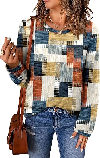ONLYSHE Women's Casual Striped Long Sleeve Tops Crew Neck Knit Basic Loose Fit T Shirts Fall Fashion Tunic Outfits