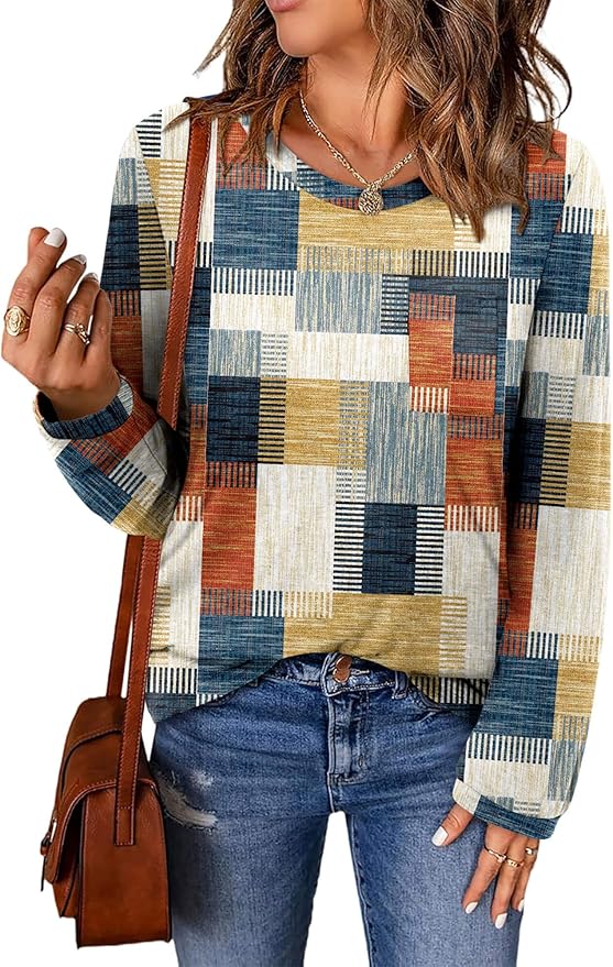 ONLYSHE Women's Casual Striped Long Sleeve Tops Crew Neck Knit Basic Loose Fit T Shirts Fall Fashion Tunic Outfits