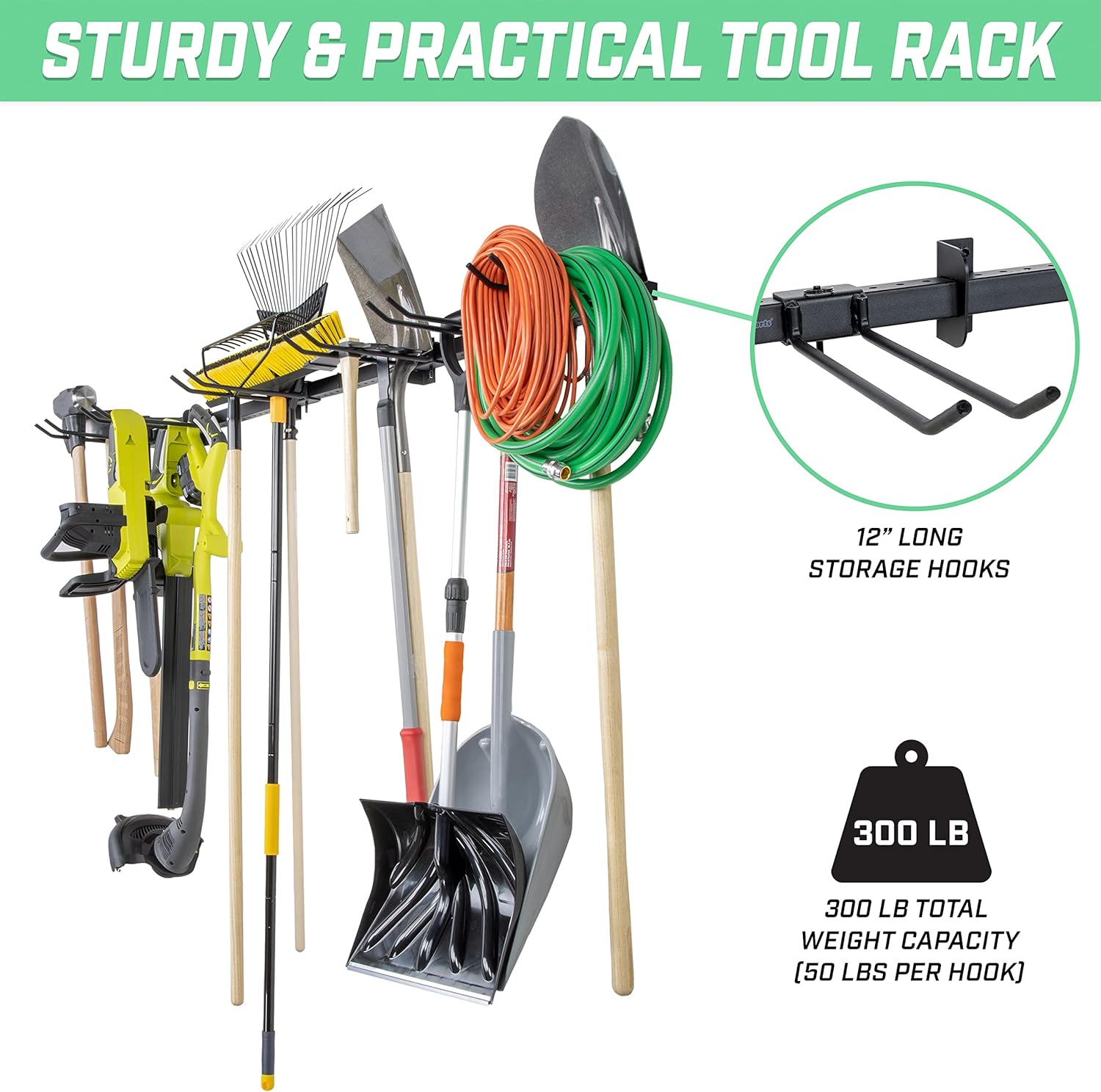 GoSports Wall Mounted Garage Yard Tool Organizer - Adjustable Storage Rack for Garden and Shop Tools