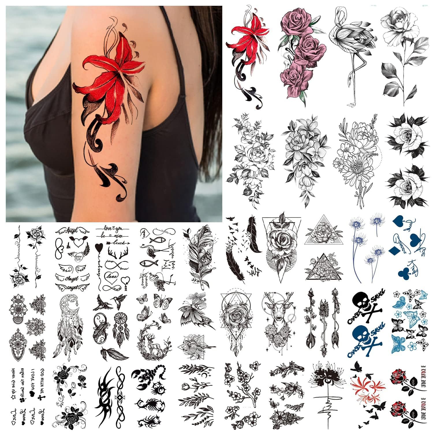 50 Schwarze Blumen Tattoo-Aufkleber – Temporäre Tattoos Für Männer & Frauen