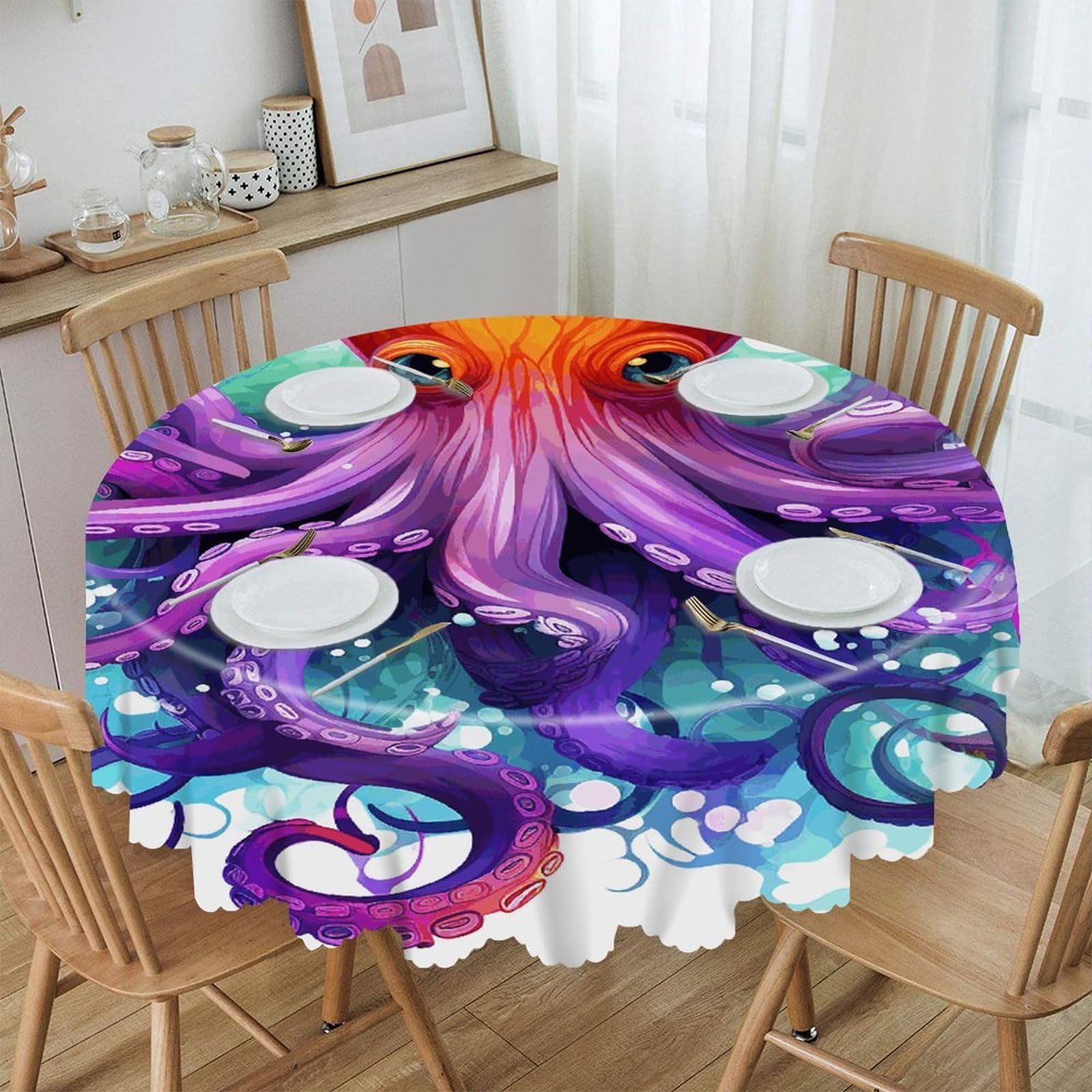 VstaDank 60 Inch Round Colorful Octopus Tablecloth Polyester Waterproof Wrinkle Free Table Cloth Spillproof Washable Table Cover Colorful Tablecover Decor for Home Kitchen Dining Party