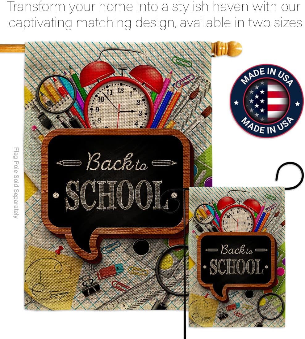 Breeze Decor School Time Burlap House Flag Education Back to First Day Bus Supplies Teacher Students Class Decoration Banner Small Garden Yard Gift Double-Sided, Made in USA
