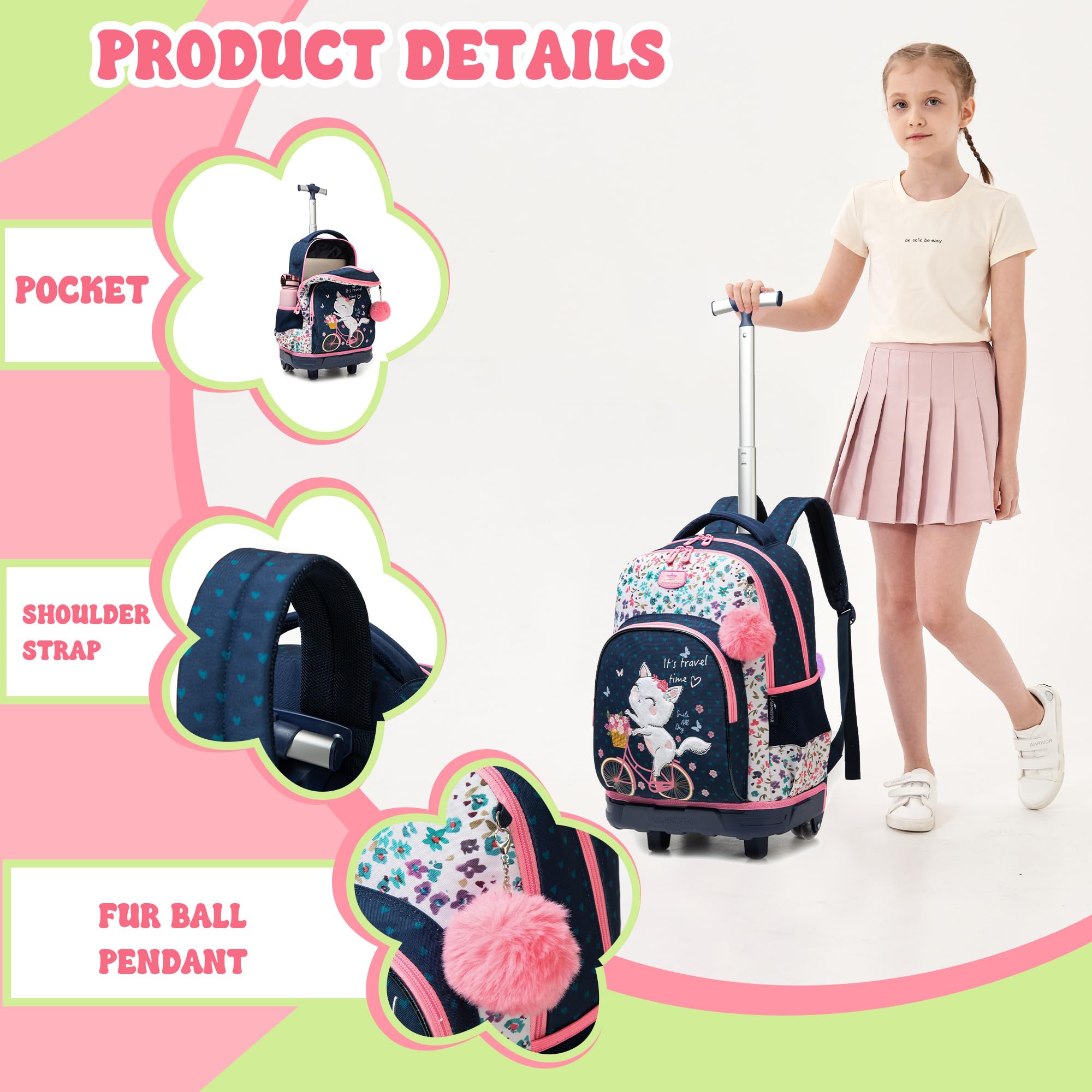 HTgroce Kinder Trolley Rucksack Schulranzen mit Rollen Mädchen schultrolleys Schulrucksack Kinderkoffer Rolling Backpack for Girls