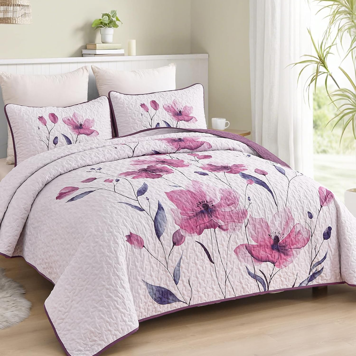 Mybedsoul Floral Quilt Set Queen Size, 3 Pieces Rose Pink Bedspread Coverlet Set, Lightweight Farmhouse Botanical Bedding Set for Fall Winter All Season(96"x90")