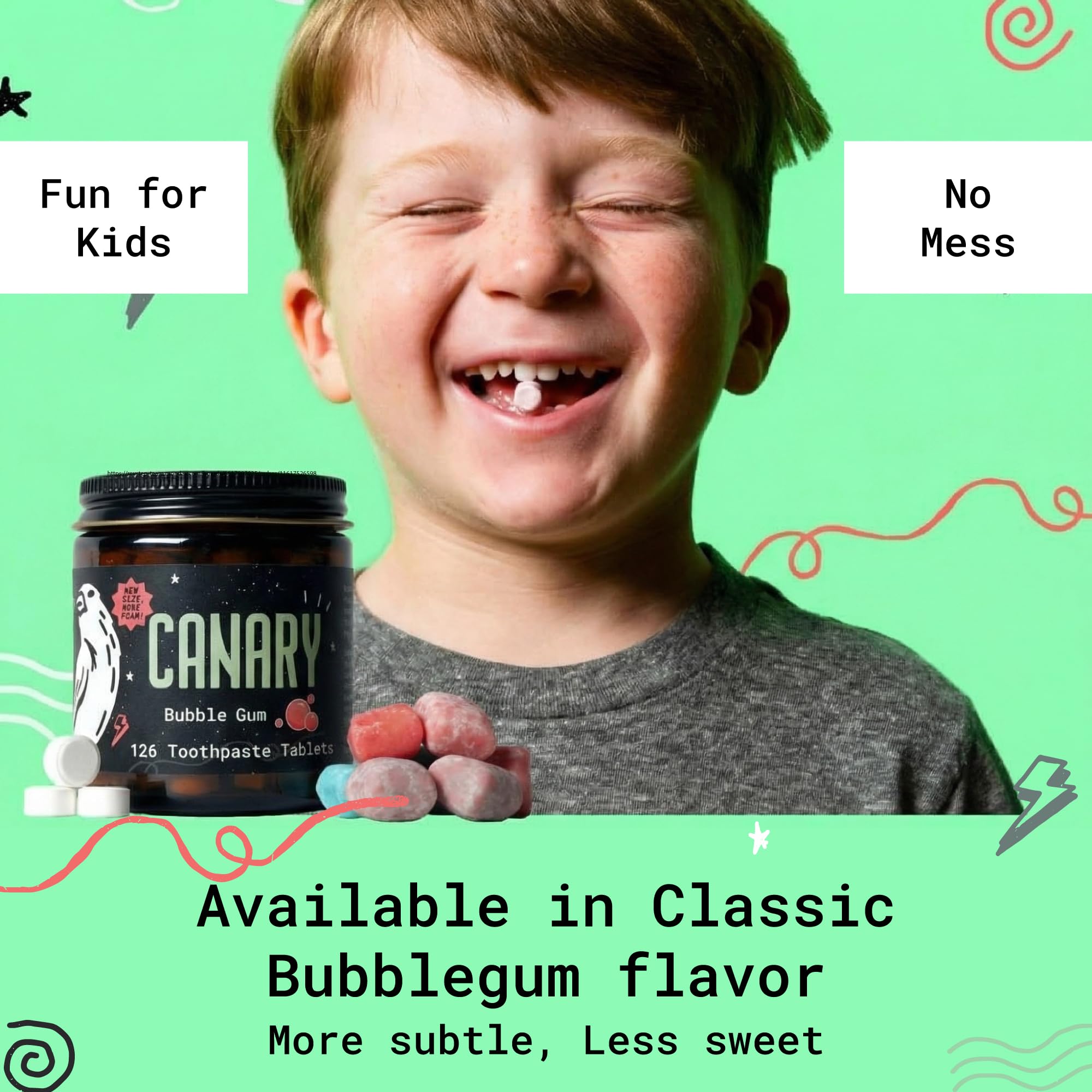 Canary Nano Hydroxiapatite - Pastillas de pasta de dientes de fresa y kiwi, remineralizantes, sin flúor, pestañas naturales con xilitol, ideal para niños, sin plástico, 126 unidades