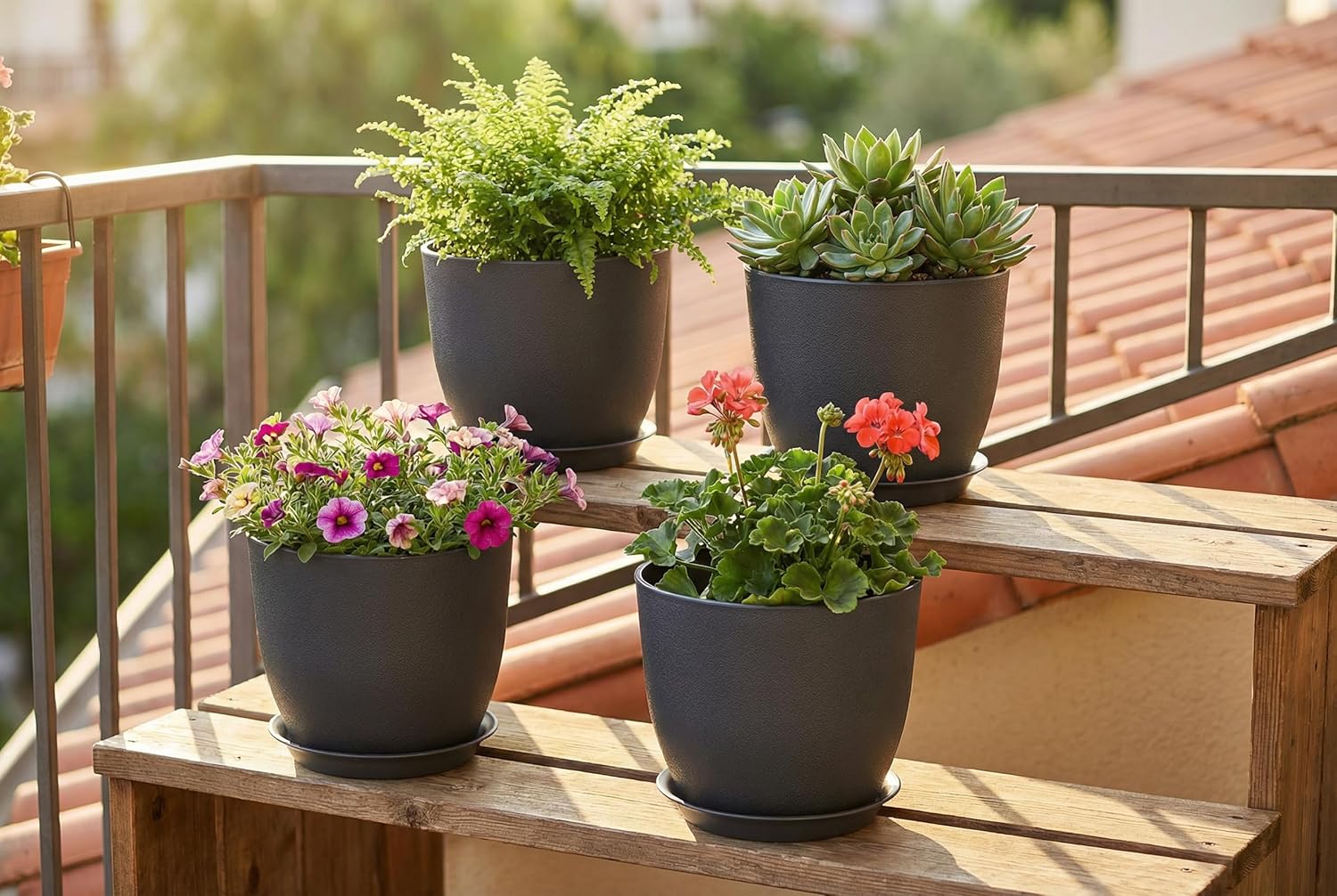 8 Inch Plant Pots Set of 4, Plastic Planters with Drainage Holes and Tray, Flower Pots for Indoor Outdoor Plants and Flowers (Black)