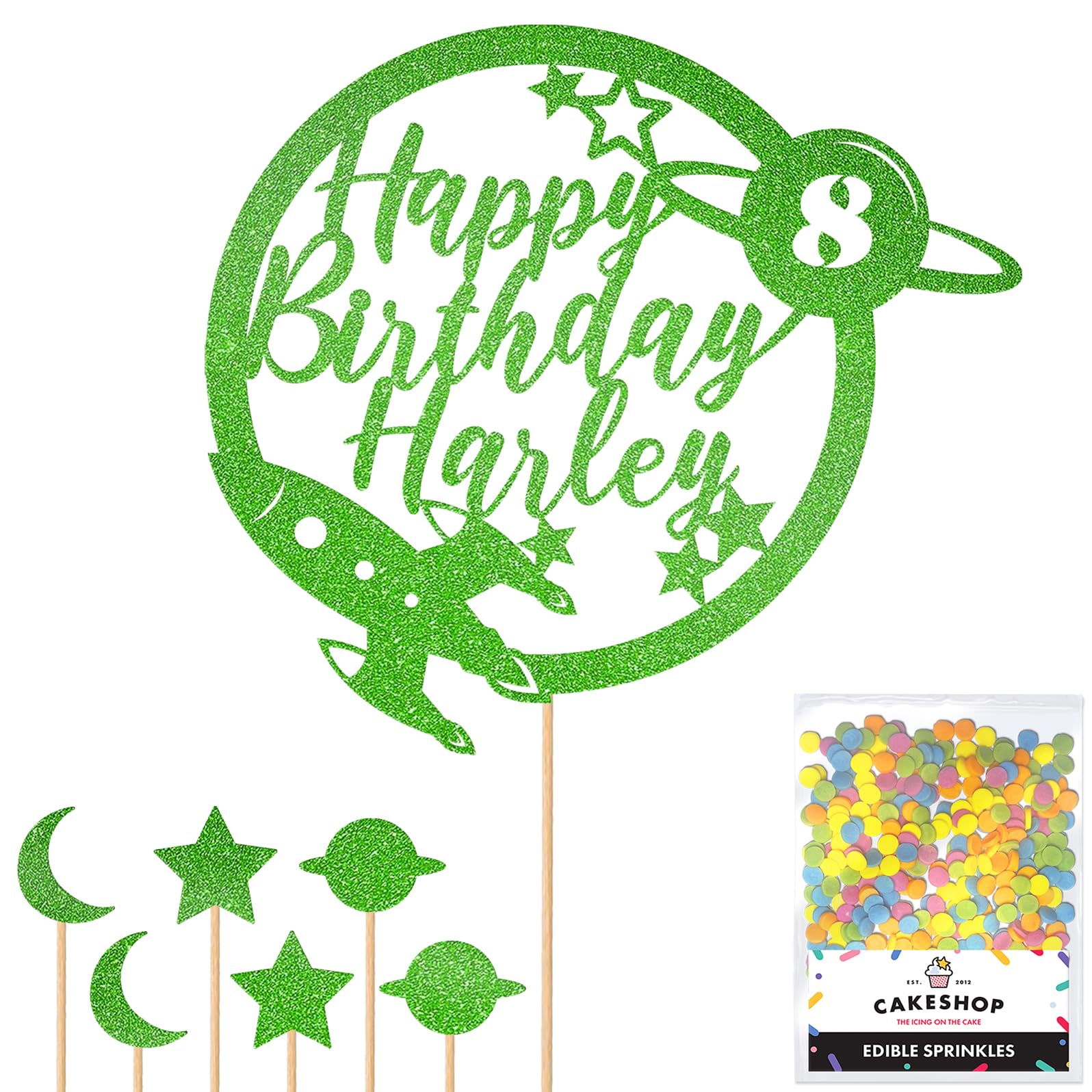 Personalised Space Rocket Planet Glitter Cake Topper- Green Any Custom Age & Name Glitter Cake Decoration and Sprinkles - Happy Birthday Decorations - Personalised Toppers for Cakes by Cakeshop — image 1