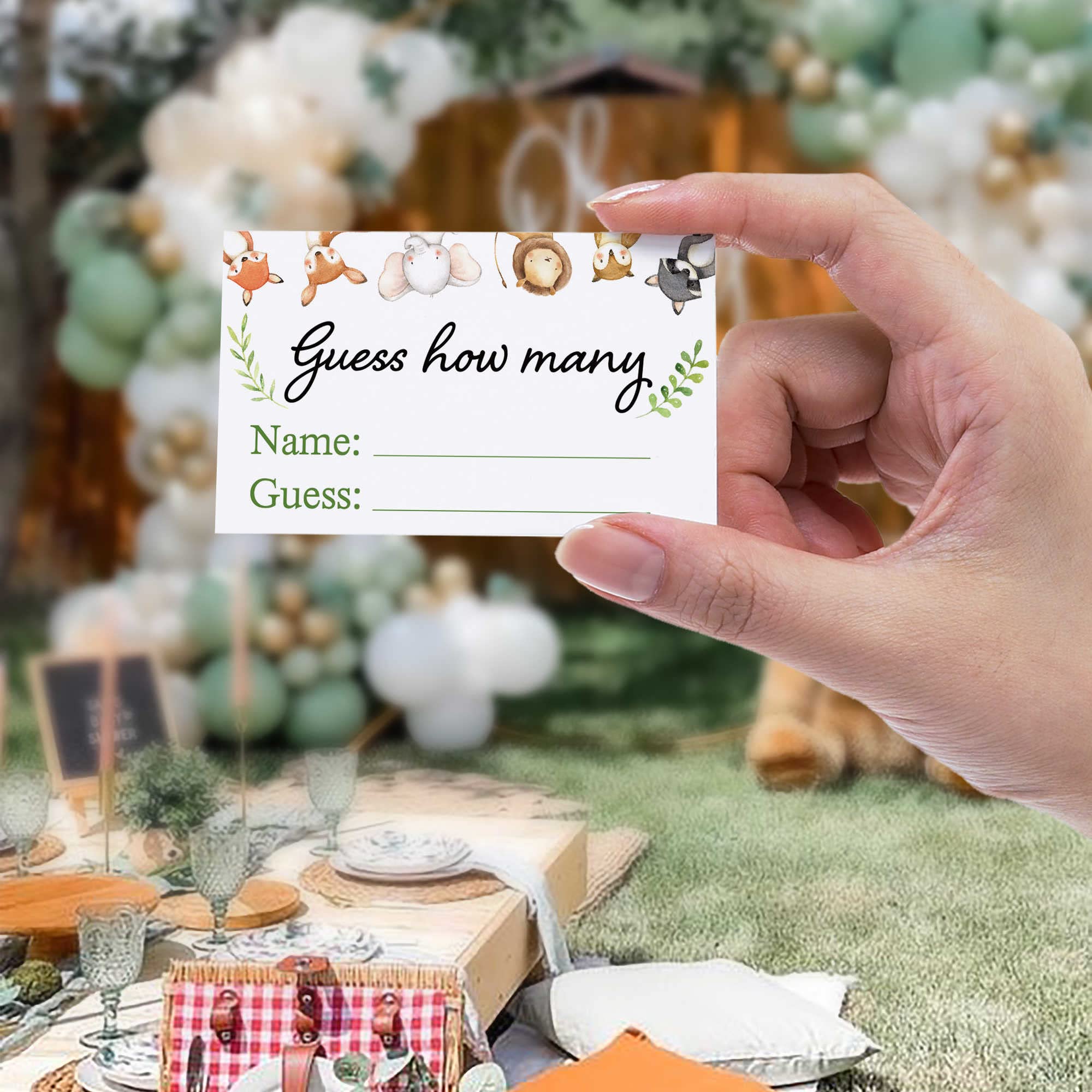 Zgadnij, ile krakersów zwierząt znajduje się w słoiku, akwarela zwierzęta leśne dekoracje na baby shower, (1 znak + 50 kart), ile krakersów zwierząt urodziny, Boże Narodzenie, zabawna gra imprezowa