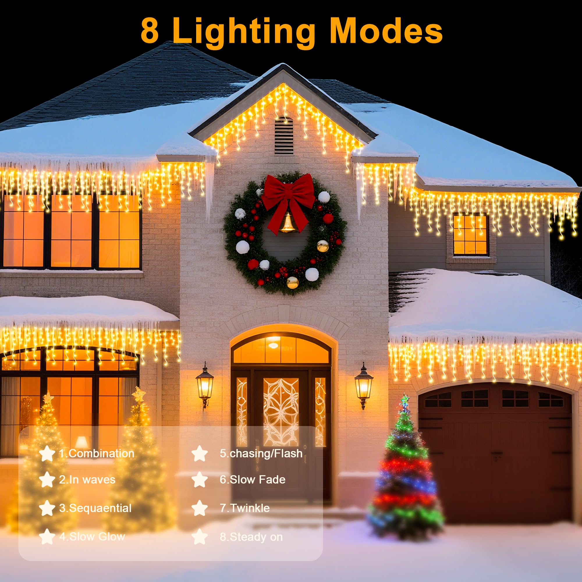 BLOFUN Lichterkette Außen 20M 720 LEDs, Eisregen Weihnachtsbeleuchtung IP65 Wasserdicht mit Timer & 8 Modi, Warmweiß für Weihnachtsbaum & Deko-Warmweiß