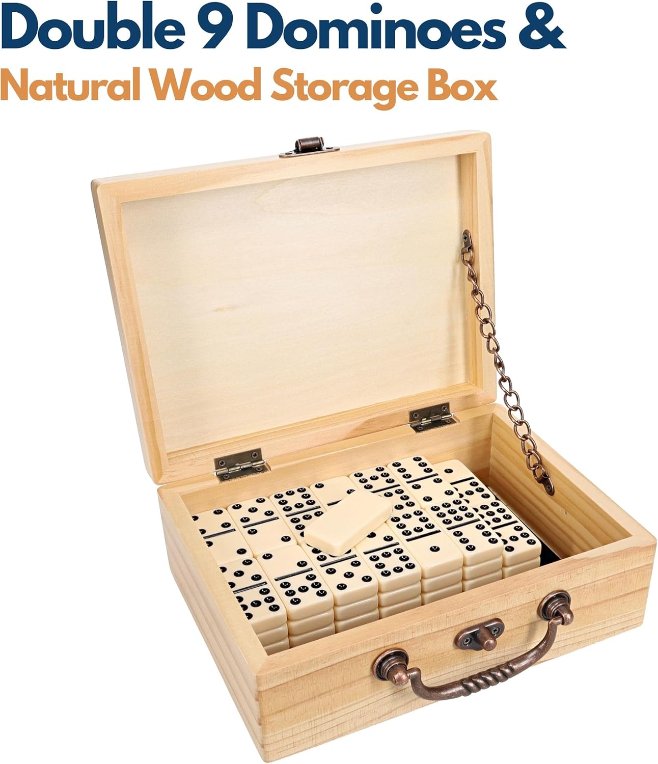 WE Games Double 9 Dominoes in Natural Wooden Treasure Box, Dominoes Set for Adults, Ivory Color Double Nine Domino, Classic Board Games, Tile Games