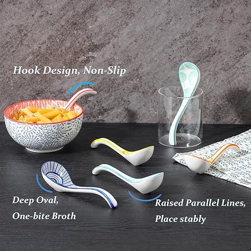 Miniatura 5 de Selamica Juego de 6 cucharas asiáticas de sopa de cerámica, cucharas de ramen de 6.3 pulgadas, estilos japonés y chino, varios colores