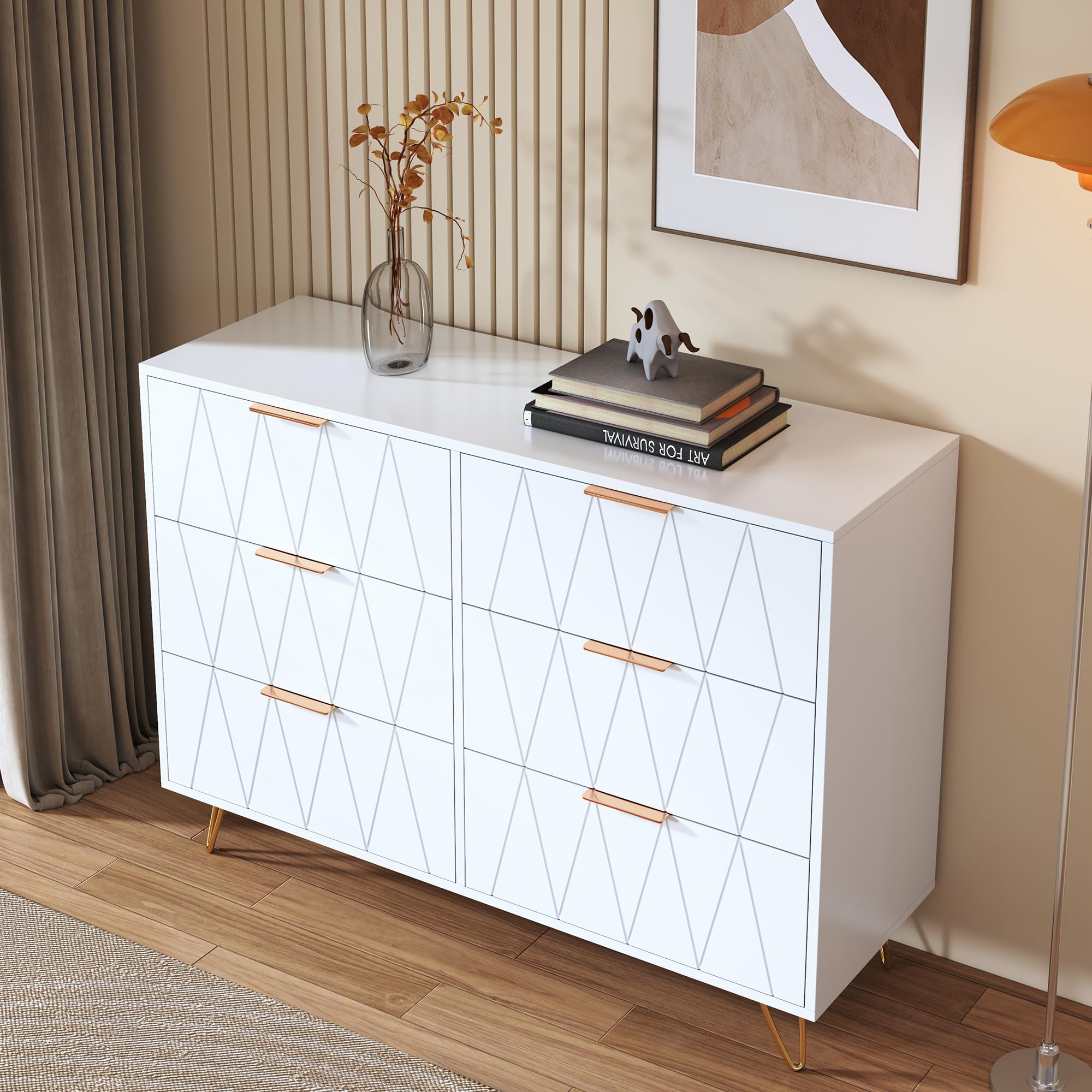 Commode 6 Tiroirs 100cm, Commode pour Chambre à Coucher, Enfant, Salon ou Couloir, Moderne Tiroirs Meuble de Rangement, 100x34x72.5 cm, Blanc