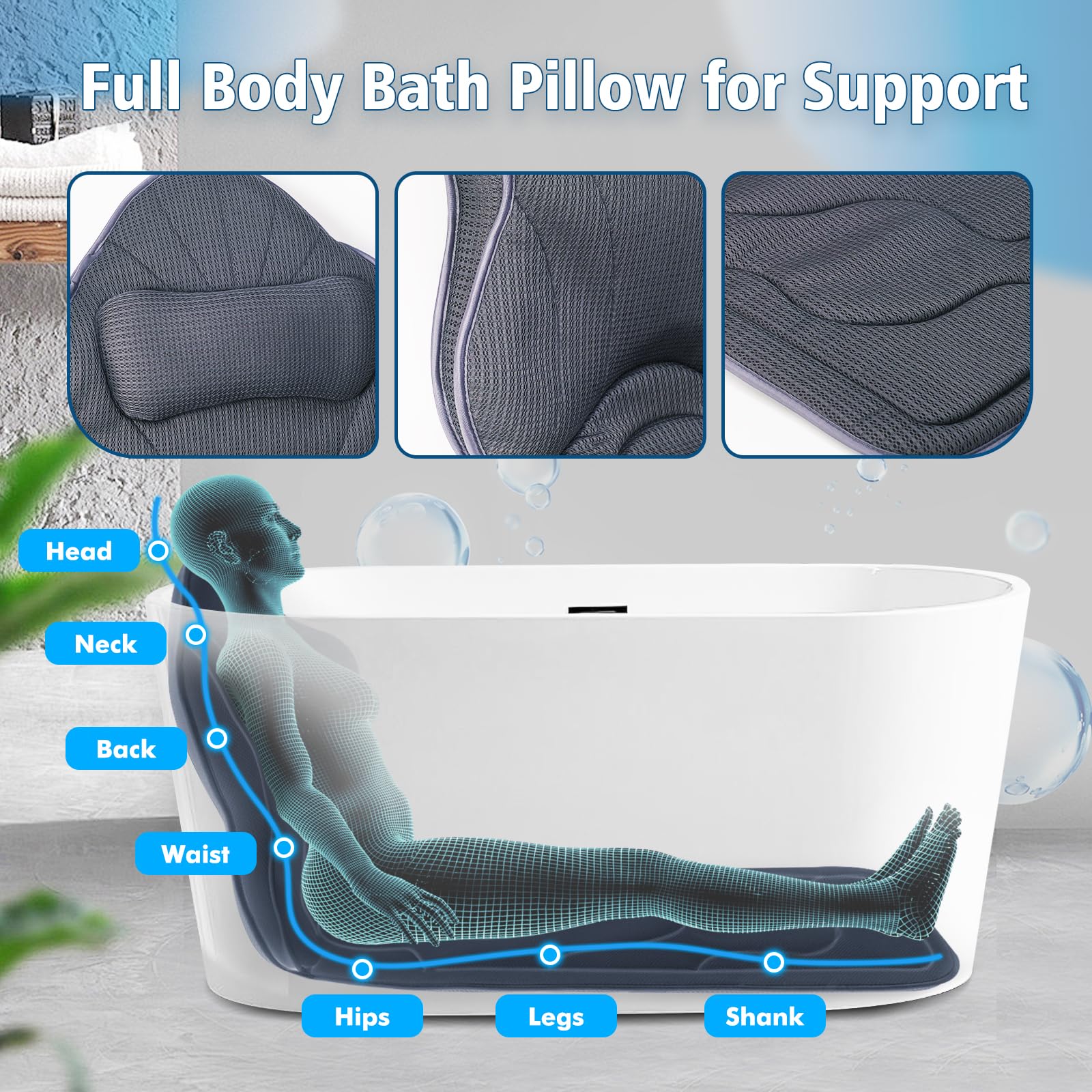 Poemland Lujosa alfombrilla de baño de cuerpo completo y cojín, máxima relajación de spa con acolchado grueso, reposacabezas, cuello y hombro, ideal para remojar la bañera (gris)