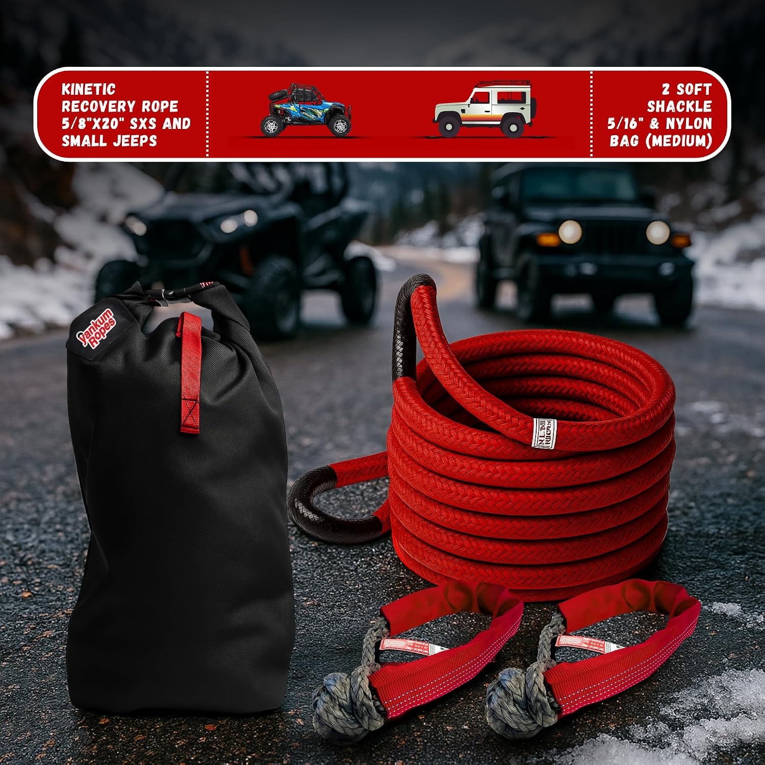 Yankum Kinetic Recovery Rope 5/8”x20’, 2 Soft Shackle 5/16” & Nylon Bag (Small) – Heavy Duty Tow Rope, Synthetic Recovery Shackle, Waterproof Tool Bag for Off-Road, Jeep, Truck Recovery, Made in USA
