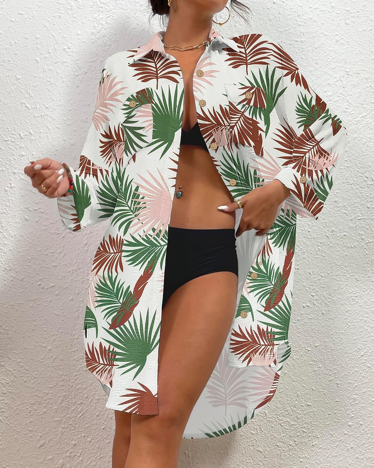Bsubseach Womens Modern Swimsuit Cover Up Blouse Button Down Shirt Dresses Tops thumbnail