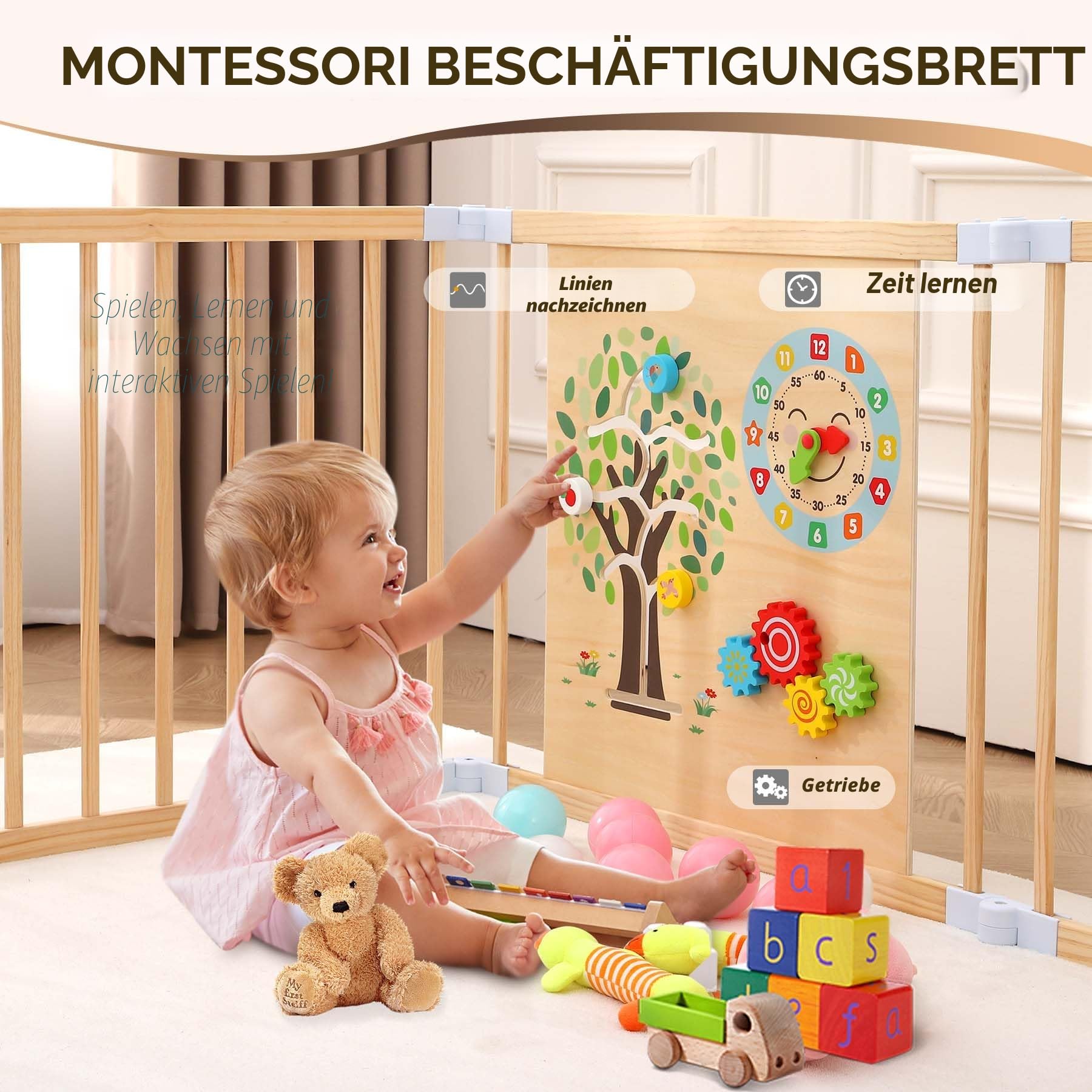 All-in-One Baby Laufstall aus Holz mit Tür – 8 Paneele (163 x 163 x 66 cm), faltbarer & erweiterbarer Laufgitter Baby, höhenverstellbarer Playpen mit Tafel & Montessori Board | baby zaun