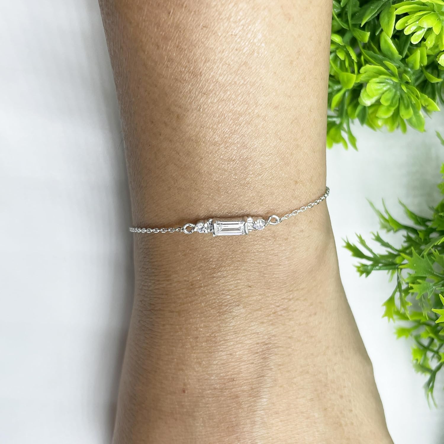 Diamond Charm Bracelet For Women, 14K Gold Plating Silver Baguette Cut Chain Bracelet, Bracelet for Women