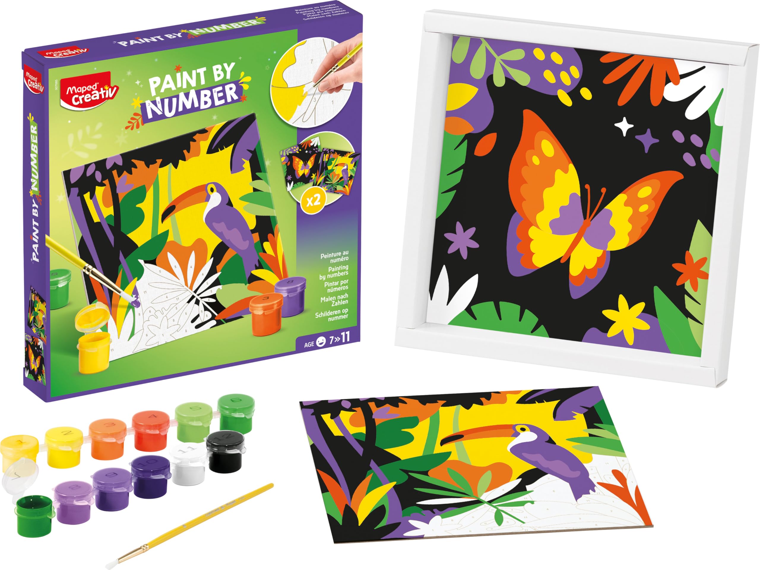 Maped CREATIV - Paint by Numbers - Parrot and Butterfly - Painting Activity for Children -Paint by Numbers kit - Creative Hobby - Ages 7 and Above, Yellow