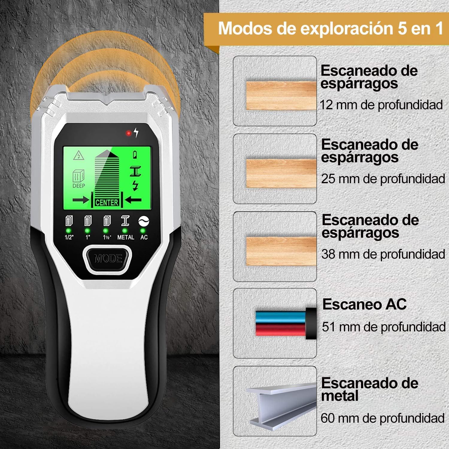 FOLAI Rilevatore da parete 5 in 1 Scanner da parete con sensore a bullone, Multifunzionale Stud Finder con schermo LCD e avviso di suono, per rilevare tubi metallici, tre tipi di legno e AC