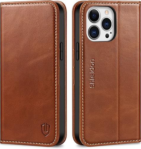SHIELDON Funda para iPhone 13 Pro Max 5G, cartera de piel auténtica, magnética, absorción de golpes, bloqueo RFID, tarjetero de crédito, soporte