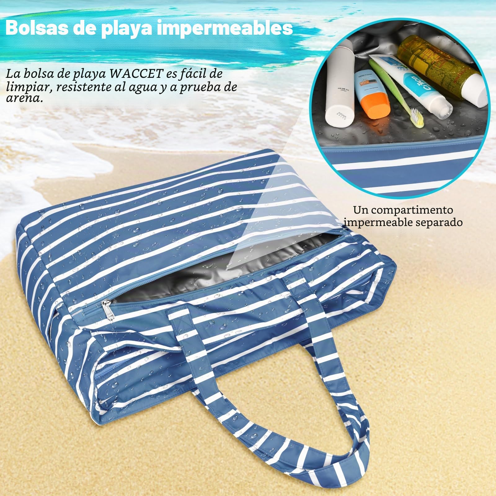 Bolsa de Playa Grande Mujer Impermeable con Cremallera Bolso Playa Grande XXL Familiar 50L Plegable y Ligero Bolsa de Mano con Múltiples Bolsa Tote para Playa Viajes Piscina