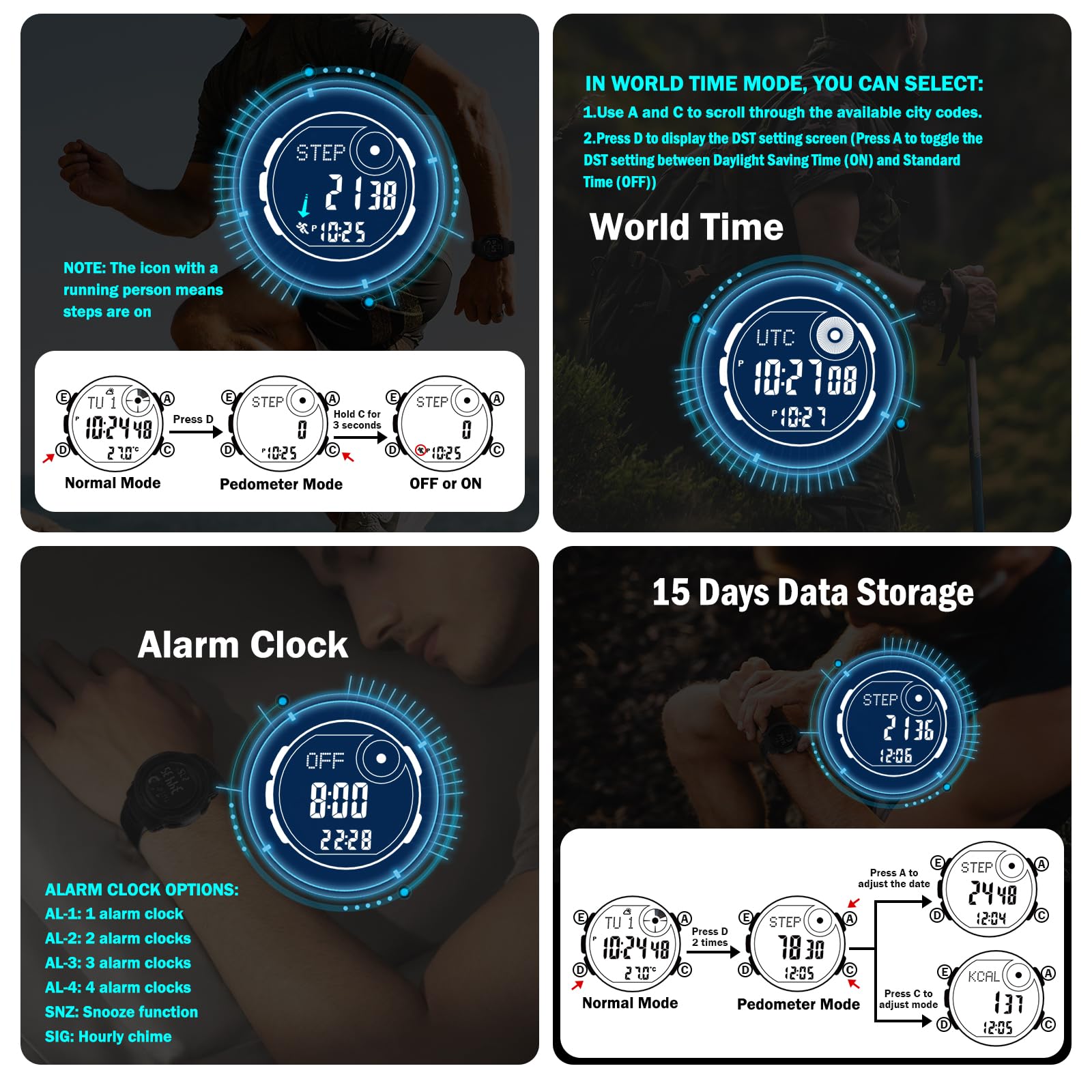 AVTREK Orologio digitale impermeabile, orologio sportivo per attività all'aperto, orologio militare con contapassi, altimetro, bussola, perfetto per uomini, donne e adolescenti (nero)