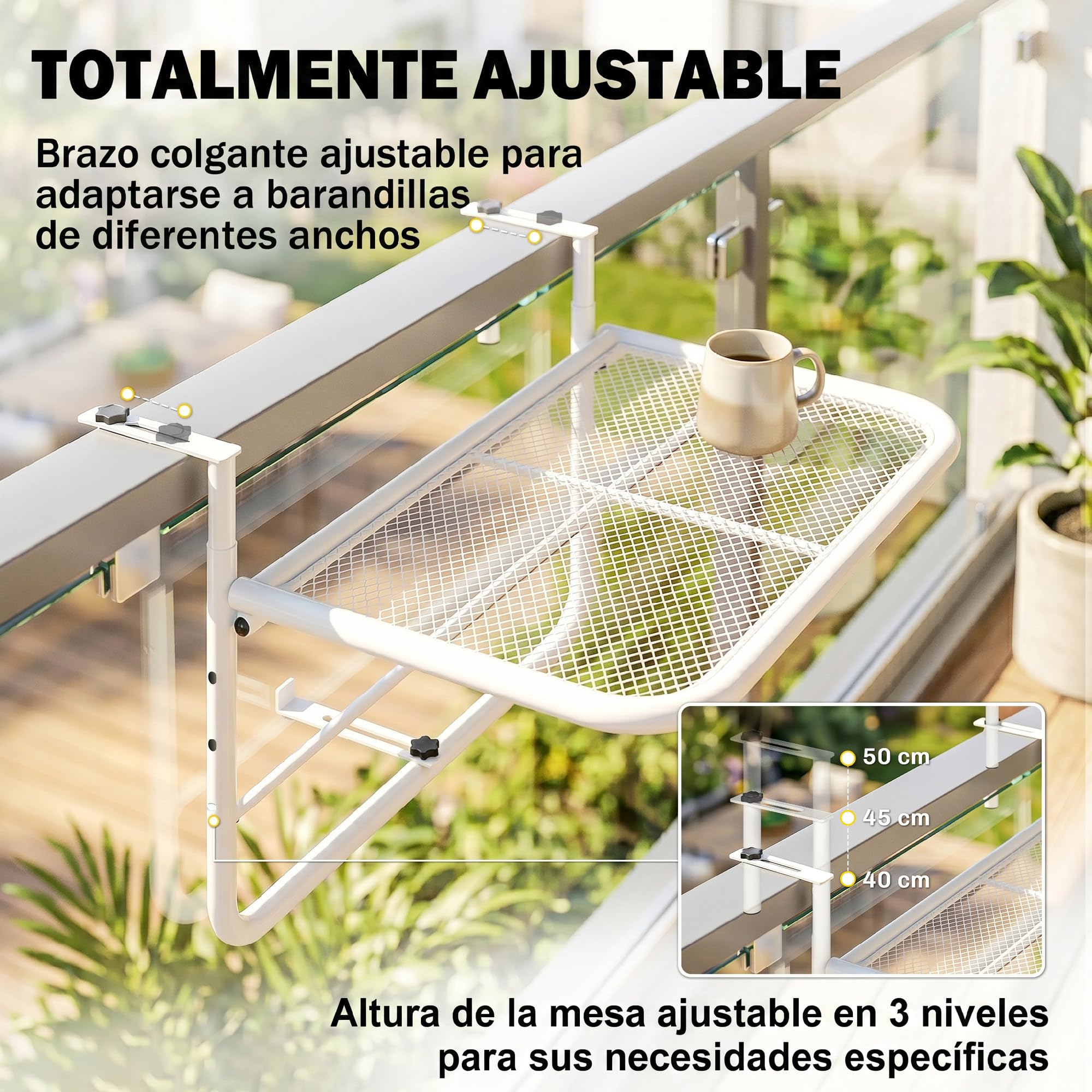 Outsunny Table Suspendue réglable pour Rampe de Balcon, Rectangle, Blanc