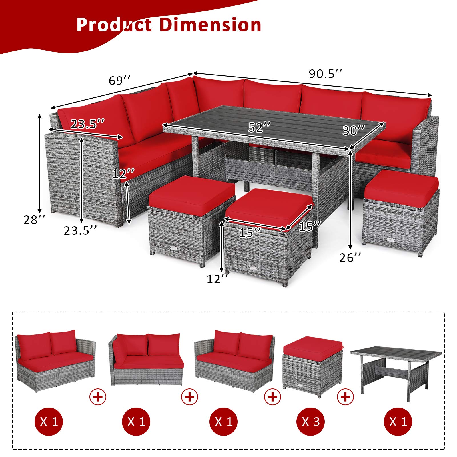 Juego de 7 muebles para patio, sofá seccional con cojines, juego de sofá conversación de mimbre para todo tipo de clima, mesa y otomanas para patio trasero, jardín, área de alberca. 4