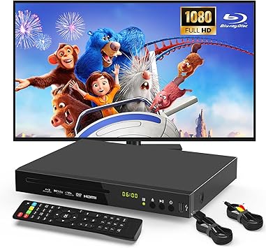 Blu Ray DVD Player Full HD 1080P Support Dolby Digital TrueHD/DTS, Plays Region A/1 Blu-Rays and All DVDs, USB Port Max 128GB, Built-in NTSC/PAL with HDMI/AV/Coaxial Output and HDMI/AV Cable
