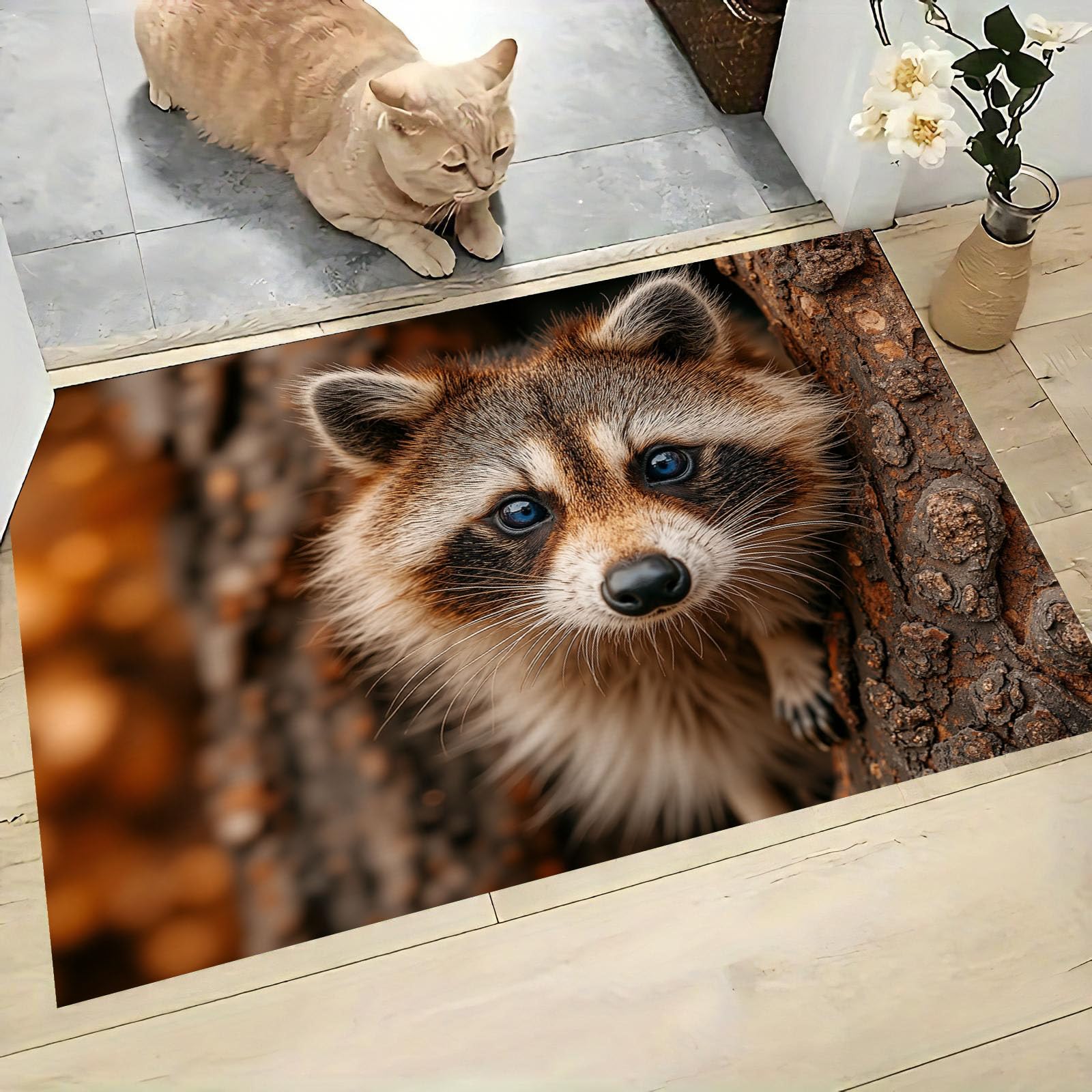 Natürliche Tiere Teppich, Realistisches Waschbärporträt Fussmatte Innen Waschbar Warmes Braun Teppich rutschfest Schlafzimmer Schmutzfangmatte Für Küche Flur Eingang Haustür - 90 X 150 cm