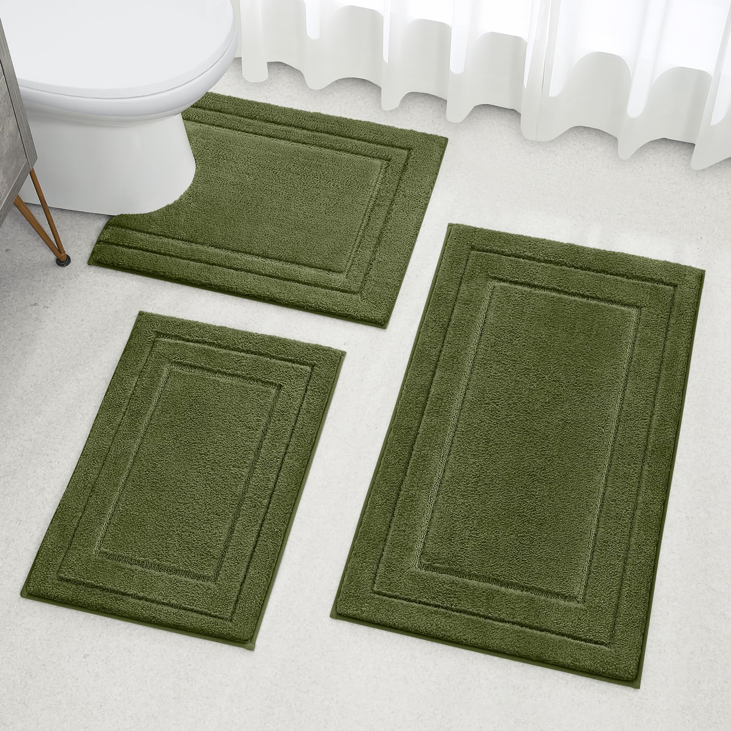 HOMEIDEAS Bathroom Rugs Sets 3 Piece, Super Soft and Absorbent Non Slip Microfiber Toilet Bath Mat with U-Shaped (Sage Green)