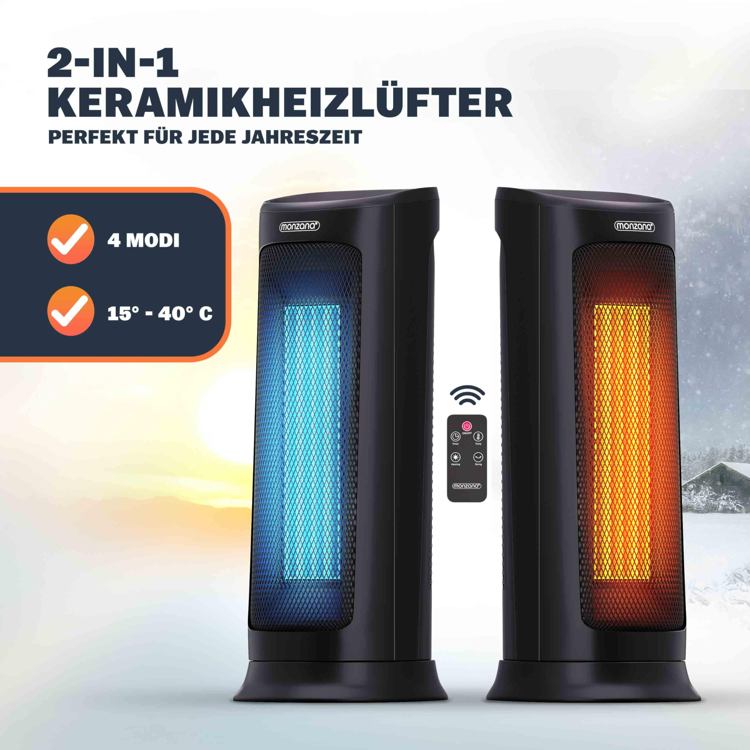 Monzana Stufa 2000W 15-40° Timer Telecomando Oscillazione 120° Timer Termoventilatore Risparmio Energetico Ceramico Nero