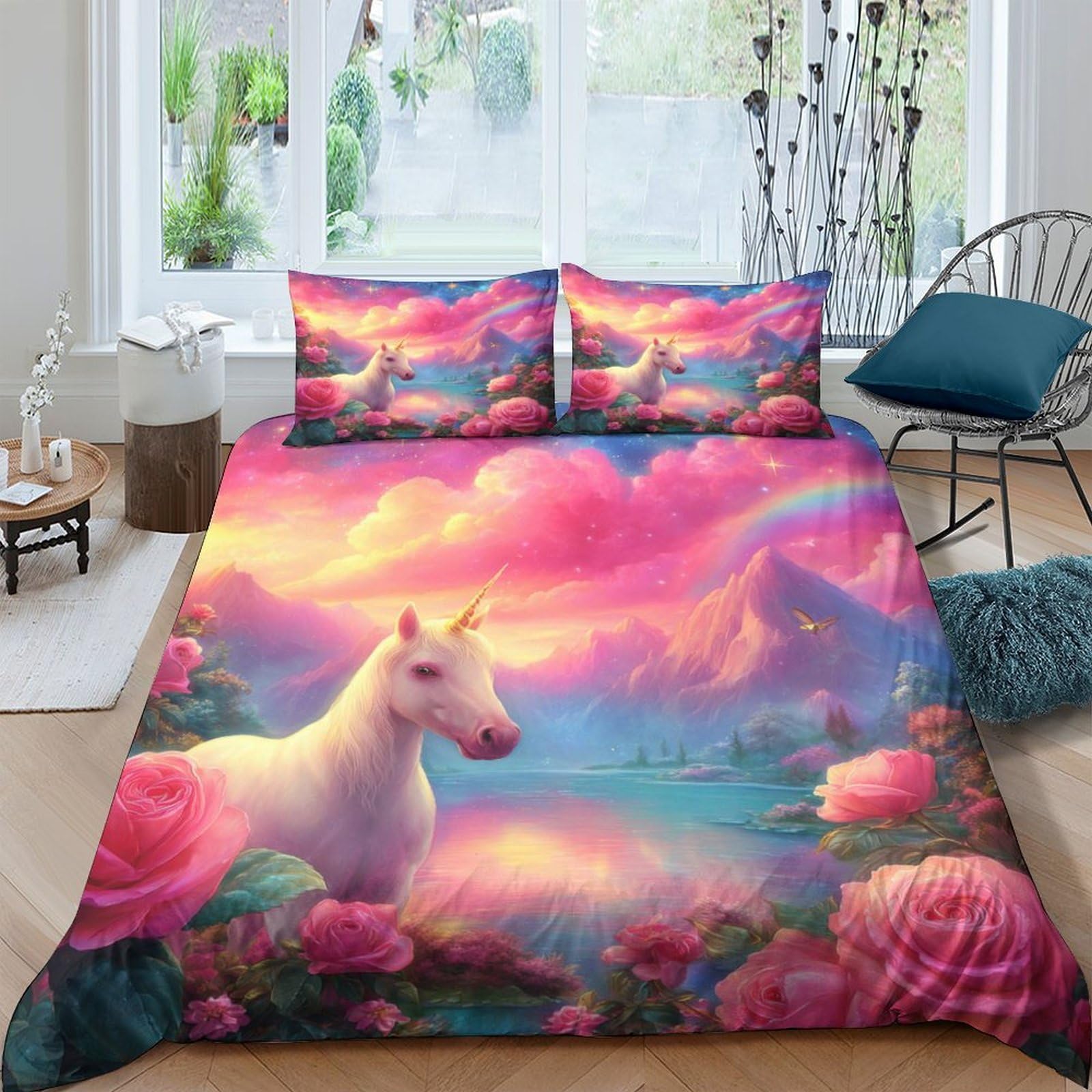 Ctjqhvkz Style-6 3D Printed Fantasy Unicorn Fitted Sheet Microfiber Pink Sunset Lake Mattress Cover Anti-Slip Washable For Bedroom Home Decor Single（135X200cm）