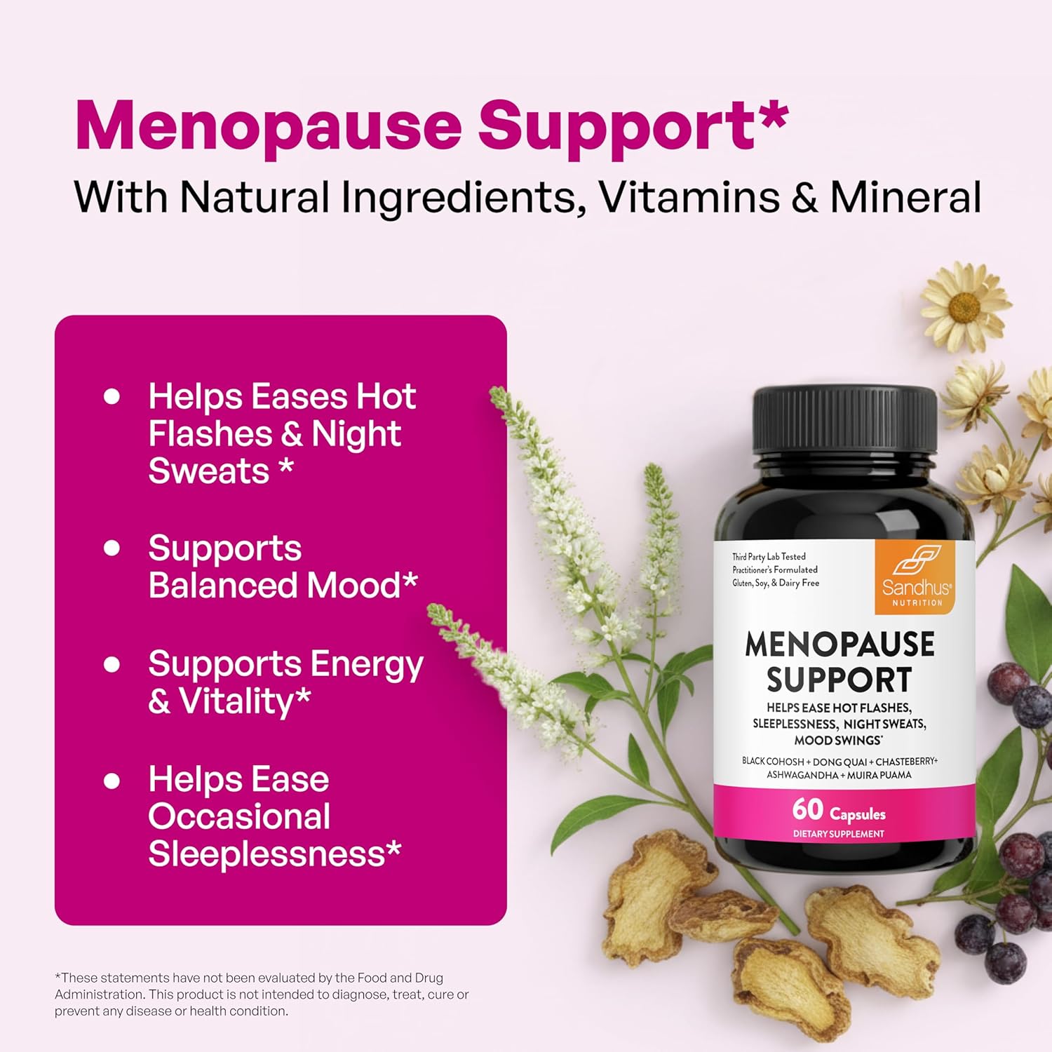 Complete Menopause Support Supplement For Women | With Ashwagandha, Black Cohosh, Dong Quai & Muira Puama | Helps Easing Hot Flashes, Night Sweats, Mood Swings, Hormone Balance & Harmony | 60 Capsules - Image 3