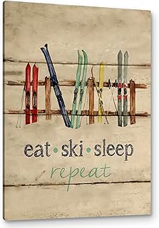 PHAMTE Eat Sleep Ski Repeat Wall Art,Farmhouse Rustic Winter Holiday Sport Ski Sleighs Vintage Print Framed Canvas Painting Artwork Home Bedroom Living Room Skiing Teen Room Cabin Decor 16x24 Inch