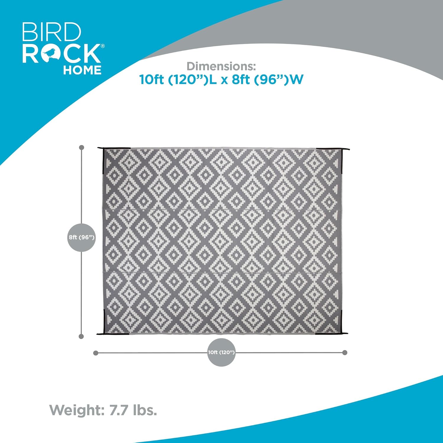 BIRDROCK HOME 8x10 Outdoor Rug for Patios | Waterproof Plastic Straw Rug | Geometric Reversible Design, Lightweight & Durable UV Resistant | Ideal for Porches, Camping, RV Sites - White & Grey