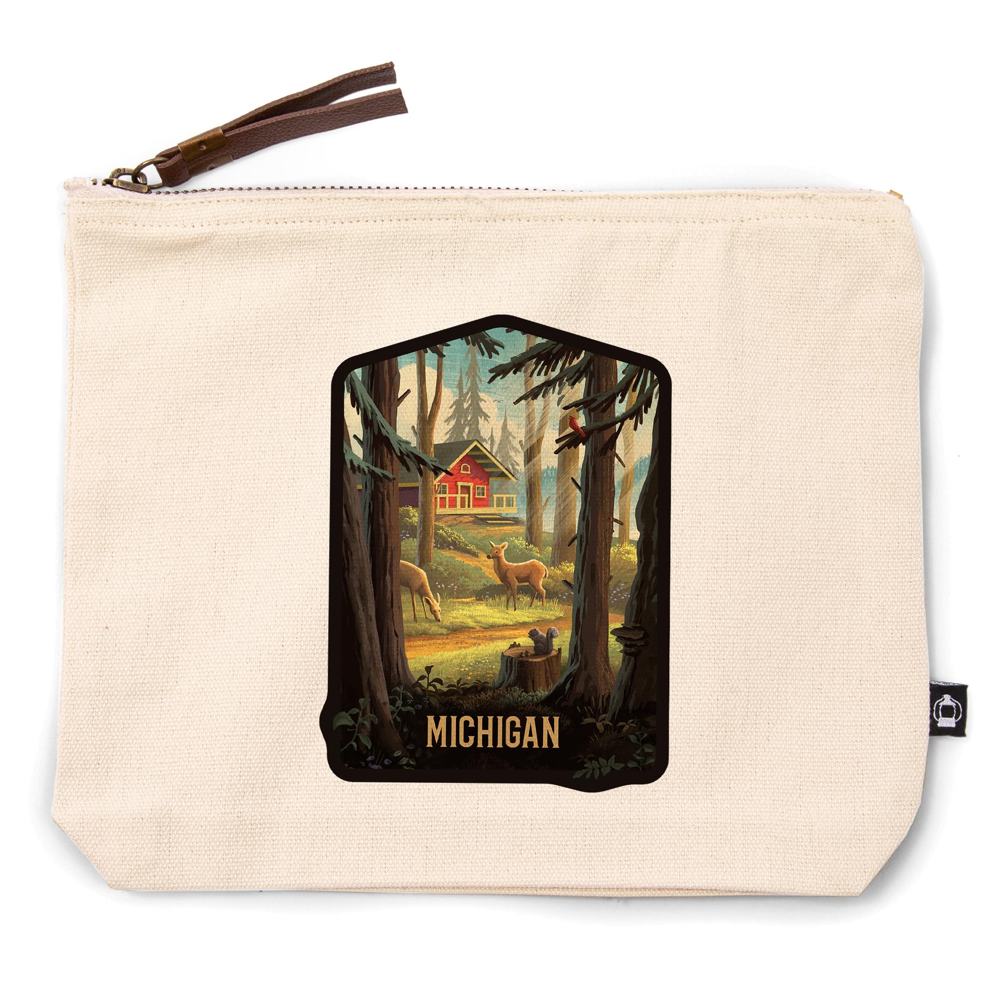 Lantern Press Michigan, Slip Away, Cabin with Wildlife, 100% Cotton Zipper Pouch, Travel Accessory, Go Bag