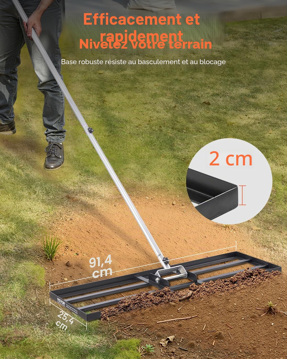 VEVOR Râteau de Nivellement de Pelouse, 914 x 254 x 2290 mm, Niveleur de Gazon, Manche 2130 mm, en Acier au Carbone Résistant à la Rouille, Outil de Nivellement pour Cour, Terrain de Golf, Jardin