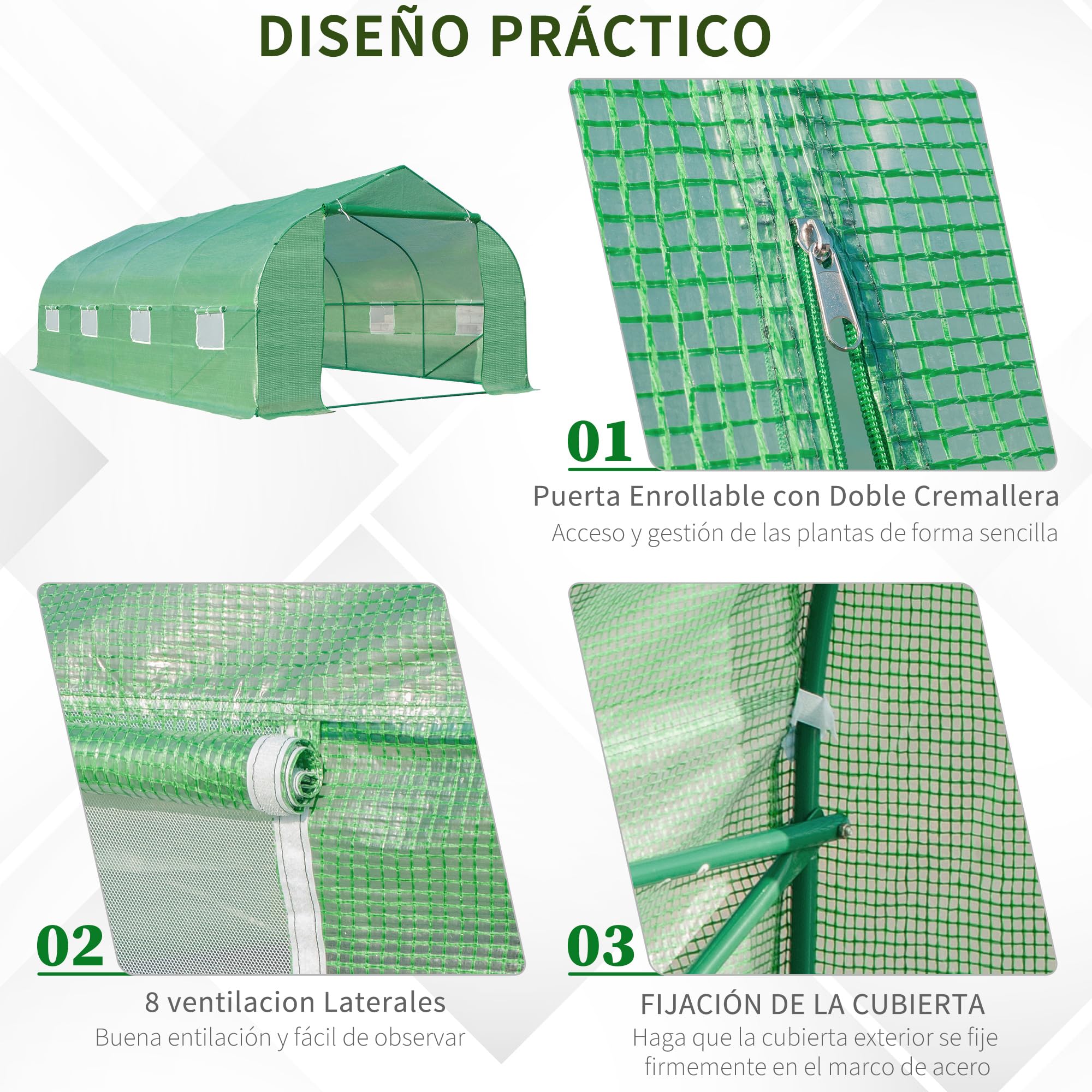 Outsunny Invernadero de Jardín 6x3x2 m Tipo Túnel para Cultivo Plantas Verduras con 8 Ventanas Transpirables y Puerta Enrollable con Cremallera Acero Verde