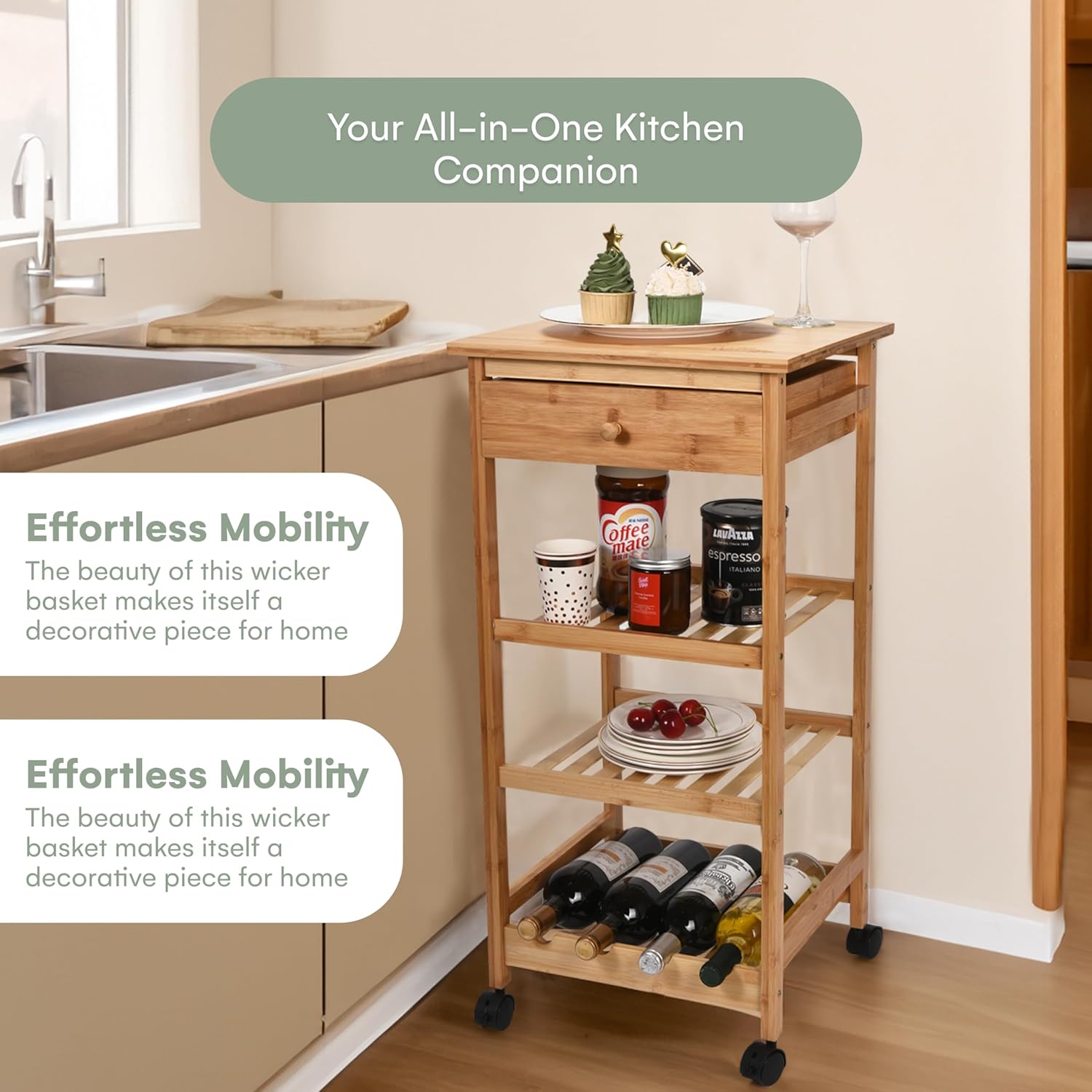 Hallops Kitchen Cart with Drawer and Basket - Brown Kitchen Cart Island for Small Spaces - Extra Counter Space or Spice Rack - Portable Dining Table with Wheels - Elegant Solid Wood Top, Spice Drawer