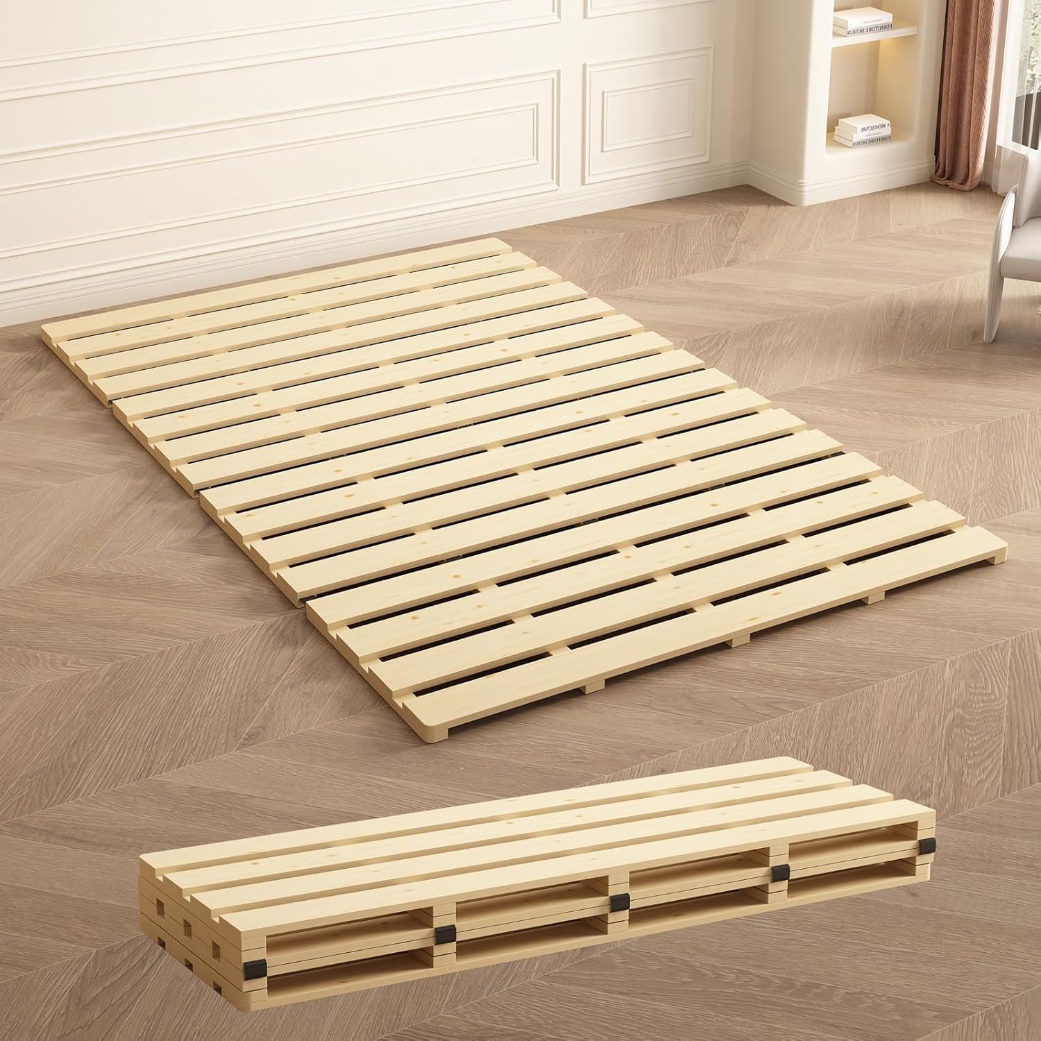 Queen Size Foldable Wood Bed Slats, Breathable Wooden Mattress Support Base, Japanese Tatami Floor Bed Frame for Guest Bedroom, Easy to Store (Queen (U.S. Standard))