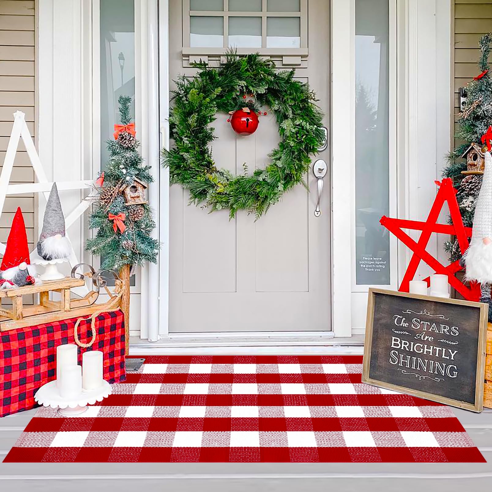 Ckorzen Alfombra de cuadros rojos y blancos, 3 x 5 pies, decoración navideña para puerta delantera, alfombra de algodón tejida a mano lavable para puertas de capas, alfombra para porche, entrada