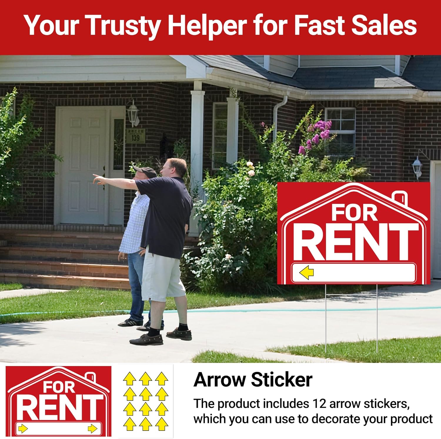 For Rent Sign with H-Stake - 4-Pack Extra Large For Rent Signs, 24x16" Double Sided Rent Signs with 12 Arrow Stickers & Adhesive Pads, Weatherproof Corrugated Plastic Yard Kit and Supplies